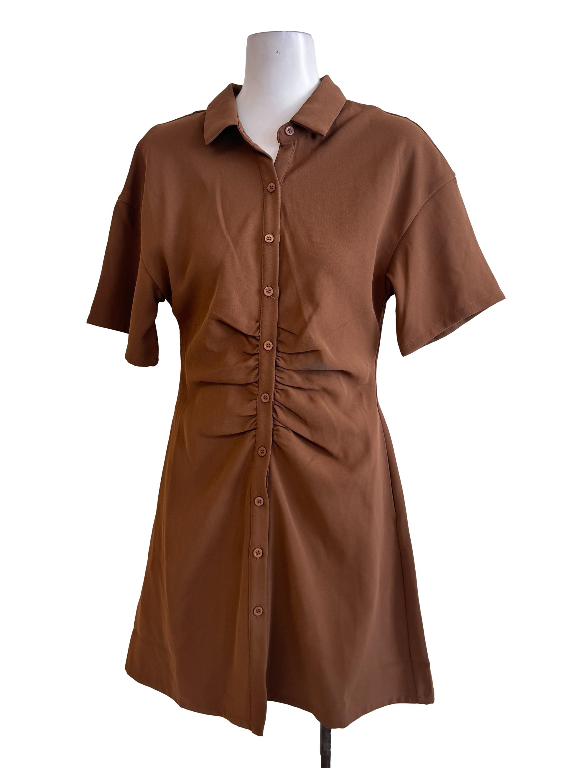 Brown Ruched Buttoned Dress