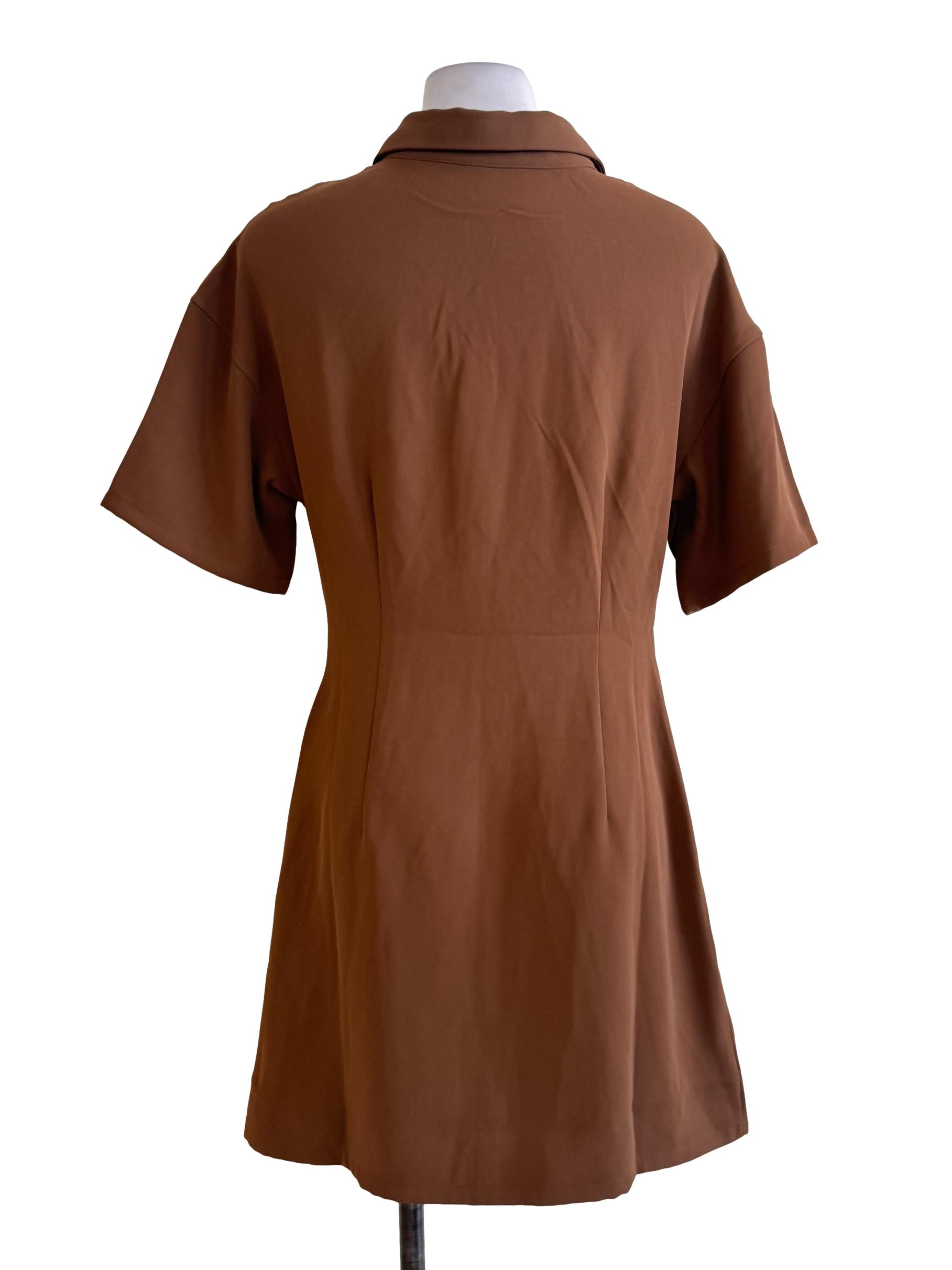 Brown Ruched Buttoned Dress