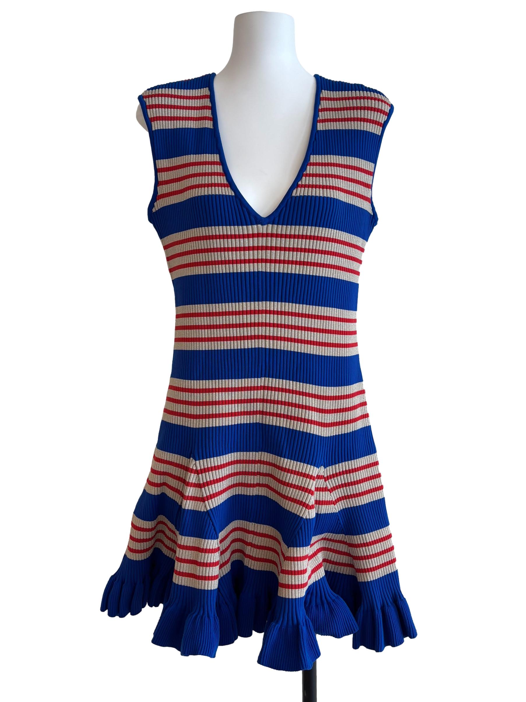 Azure Blue Red Stripe Ribbed Dress