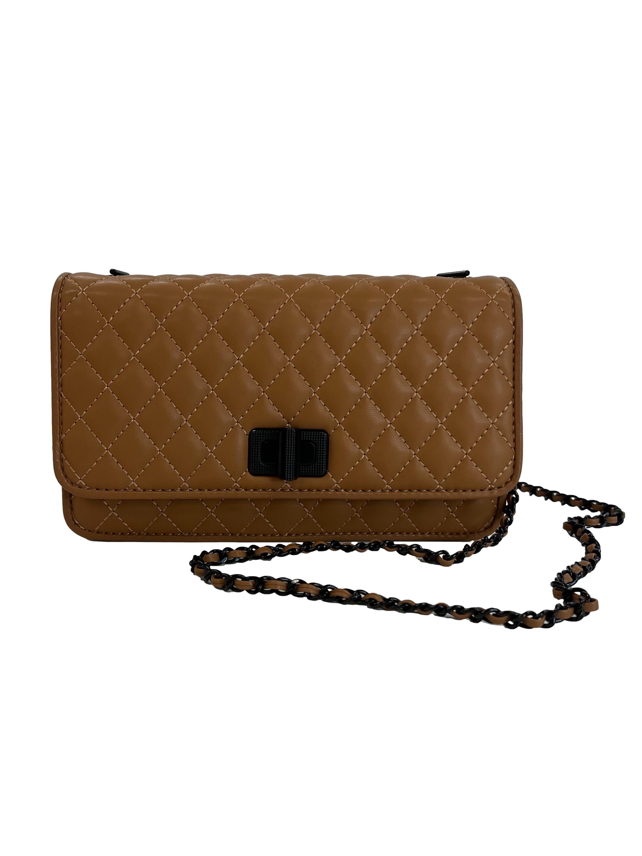 Brown Quilted Turn-Lock Evening Clutch