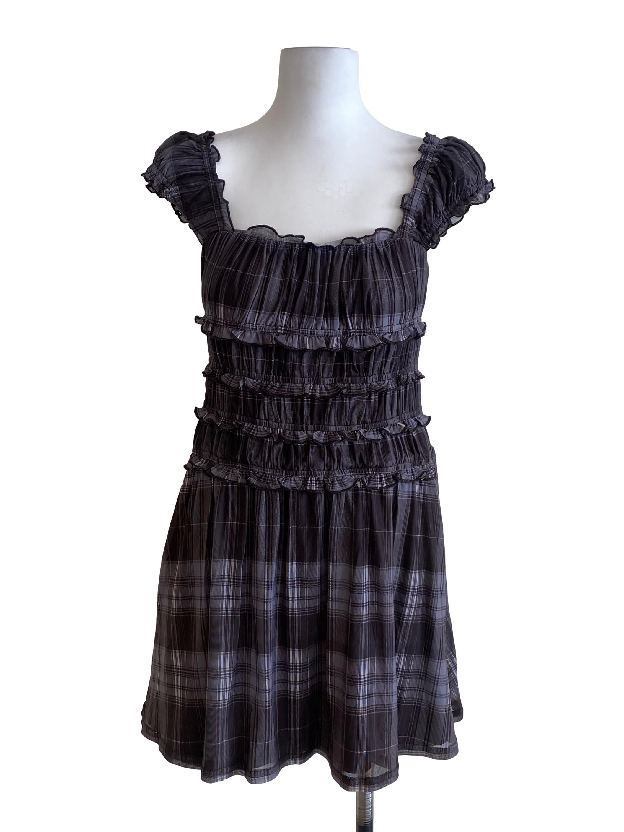 Ash Grey And Blue Plaid Ruched Dress