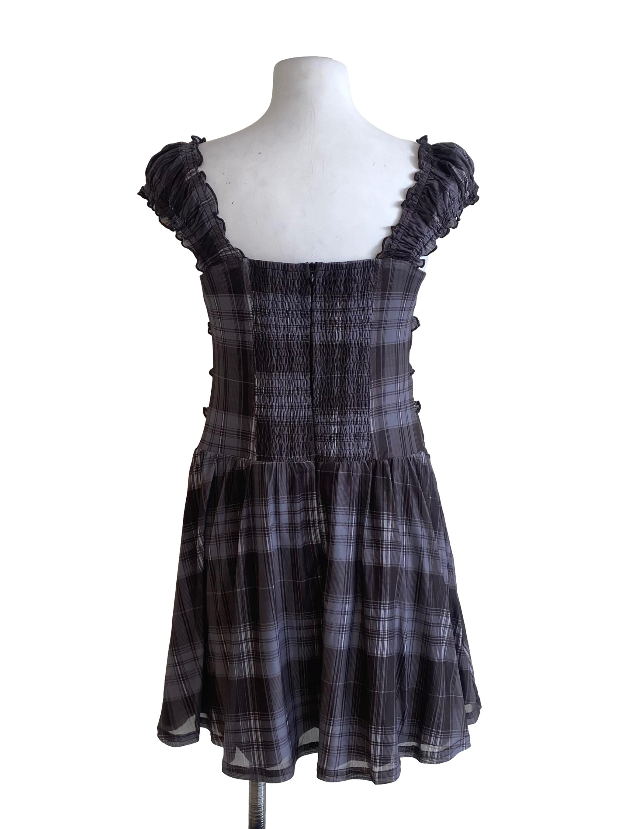 Ash Grey And Blue Plaid Ruched Dress