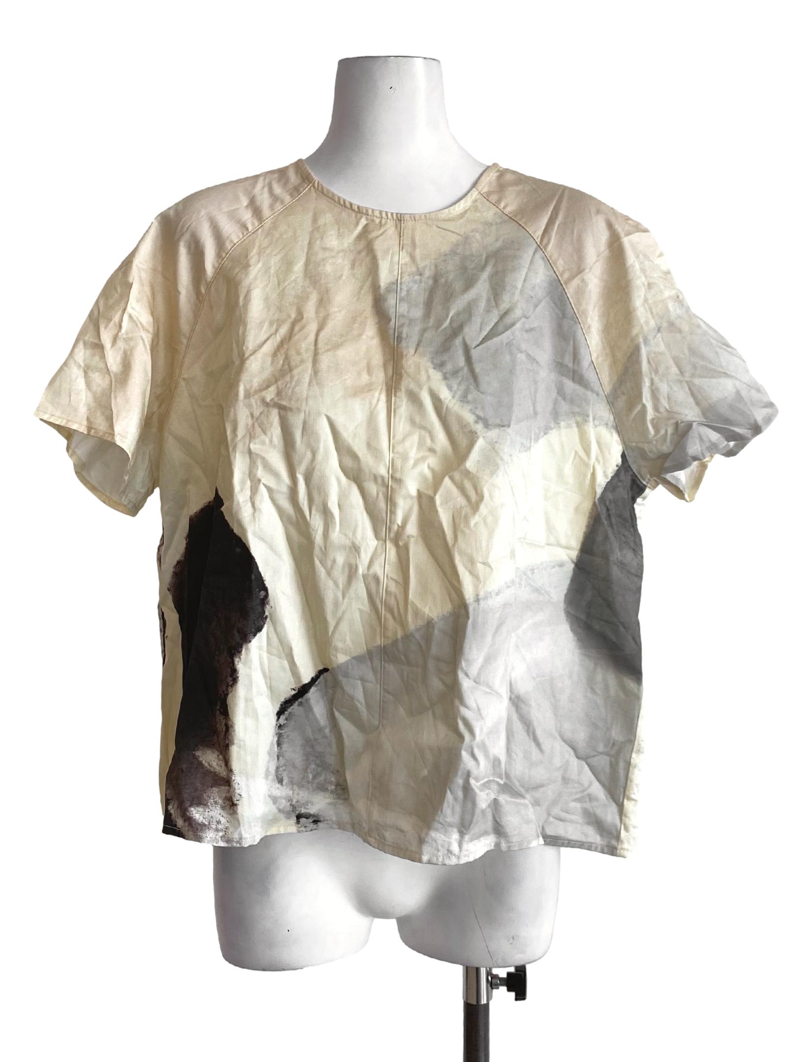 Beige Brown Abstract Round Neck Short Sleeve Shirt OSN