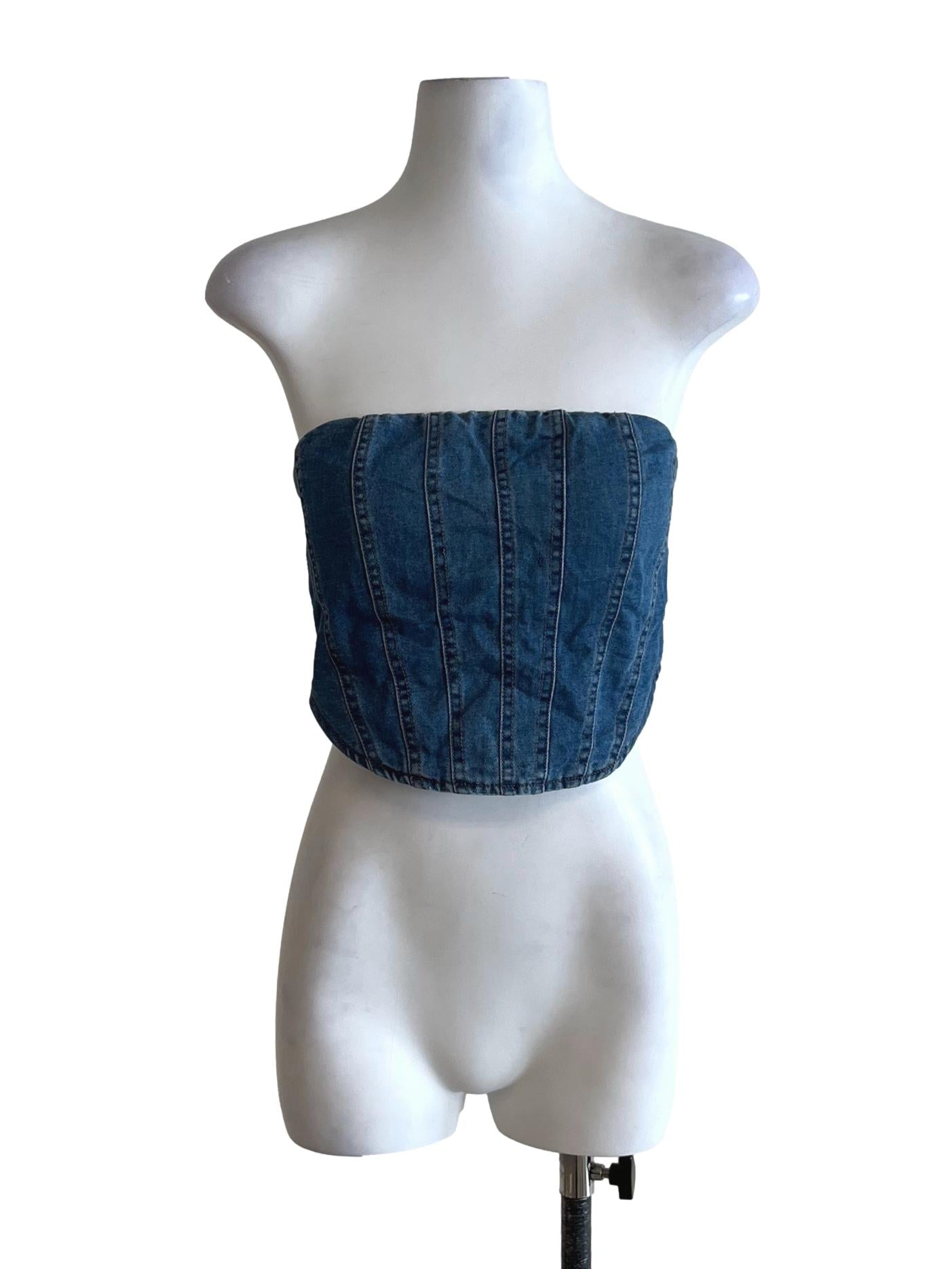 Blue Denim Strapless Cropped Top