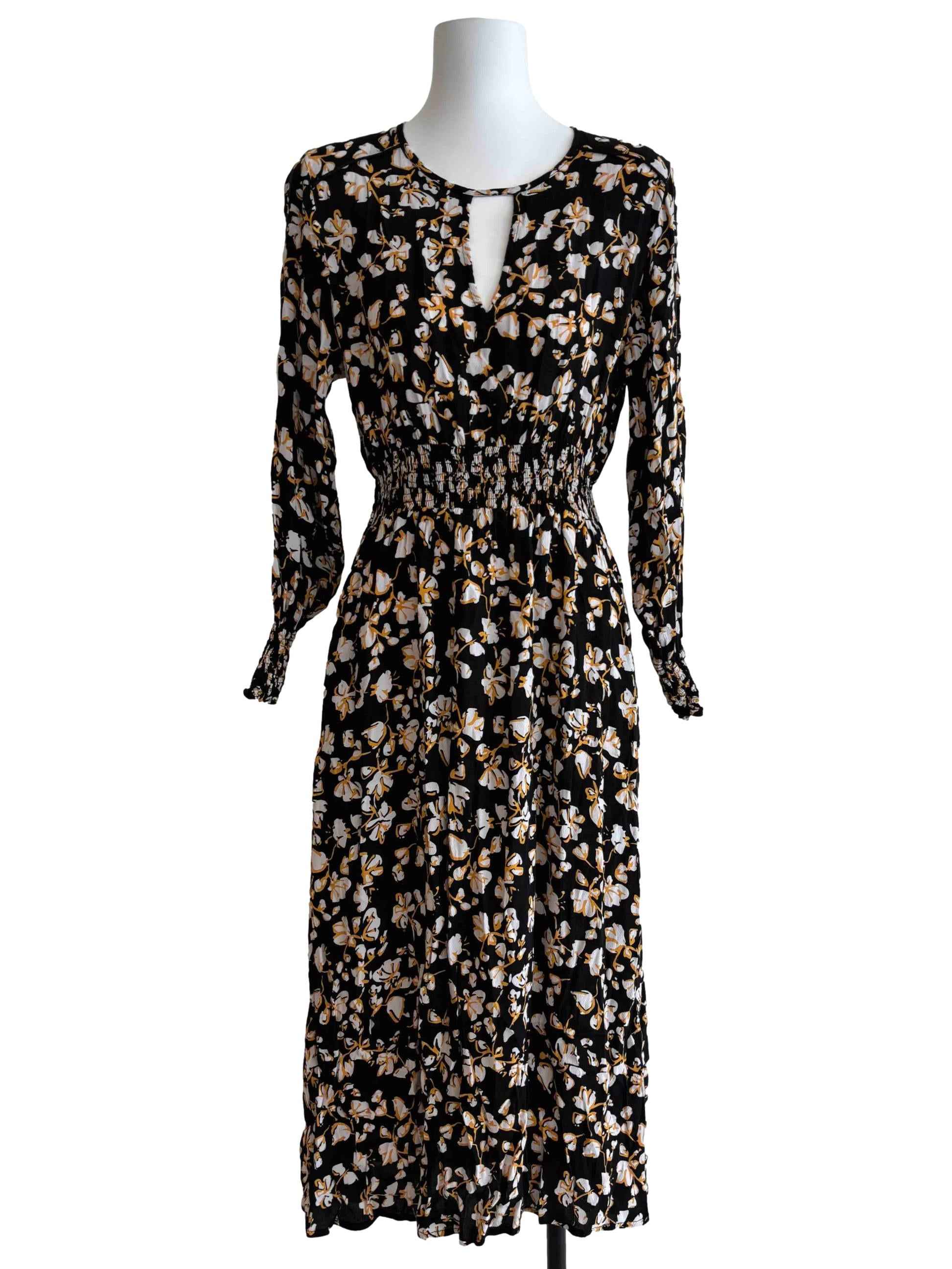 Rich Black Floral Yellow Midi Dress