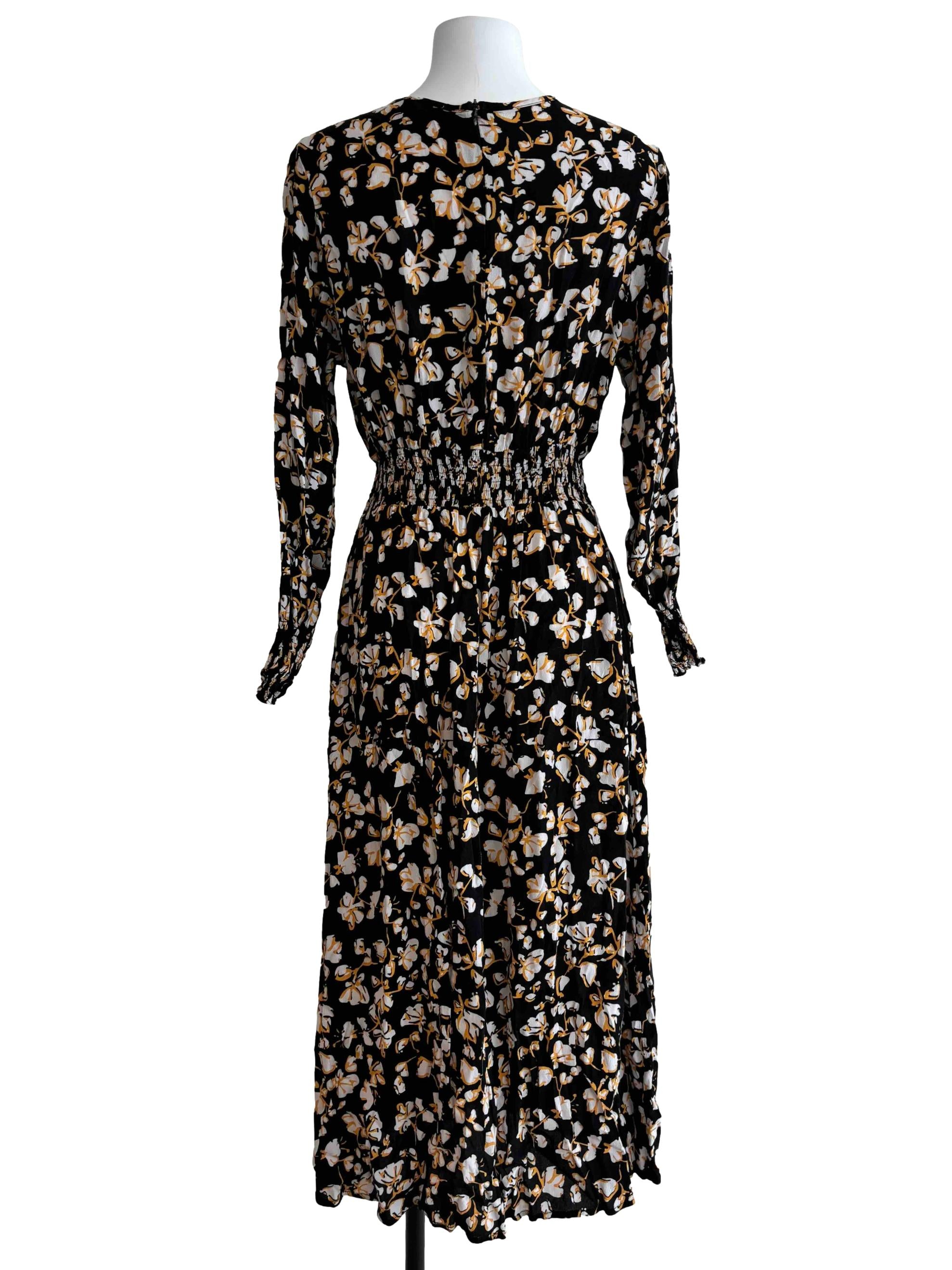 Rich Black Floral Yellow Midi Dress