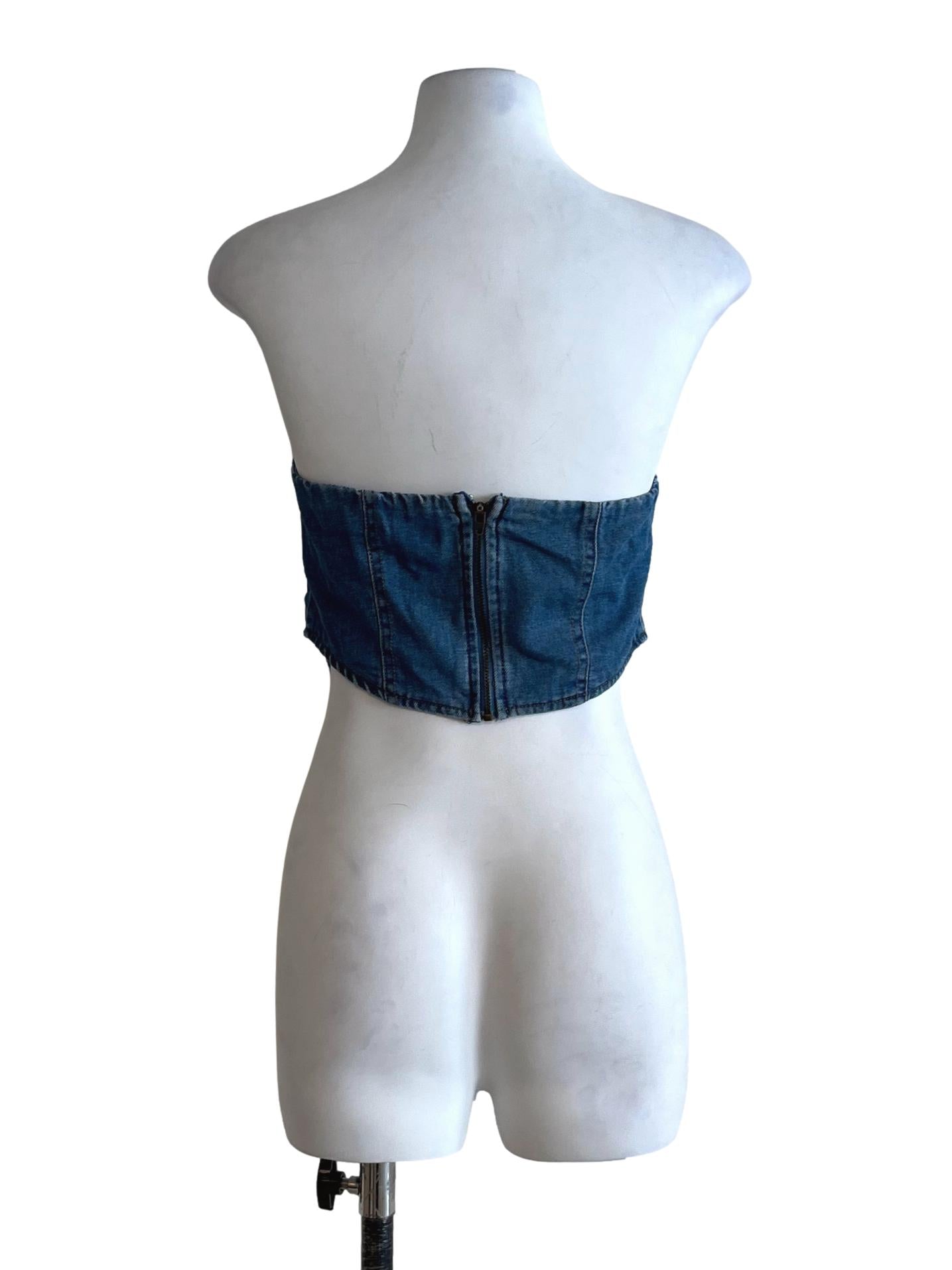 Blue Denim Strapless Cropped Top