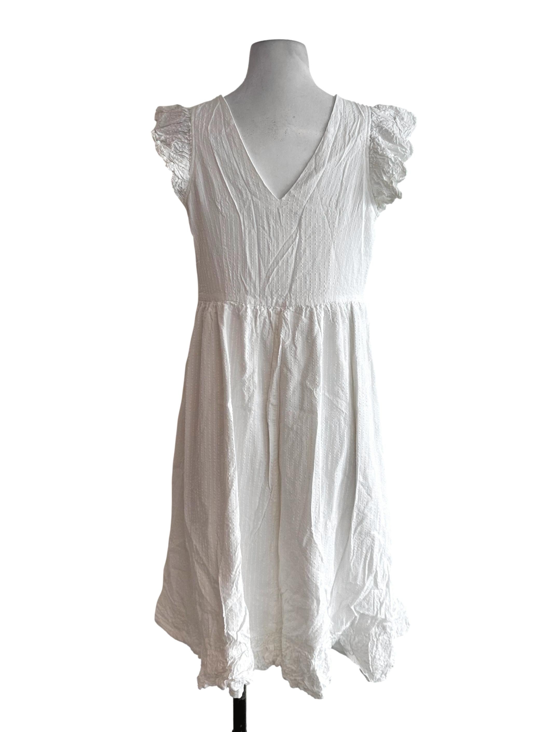 Pearl White V Neck Ruffle Textured Dress LB