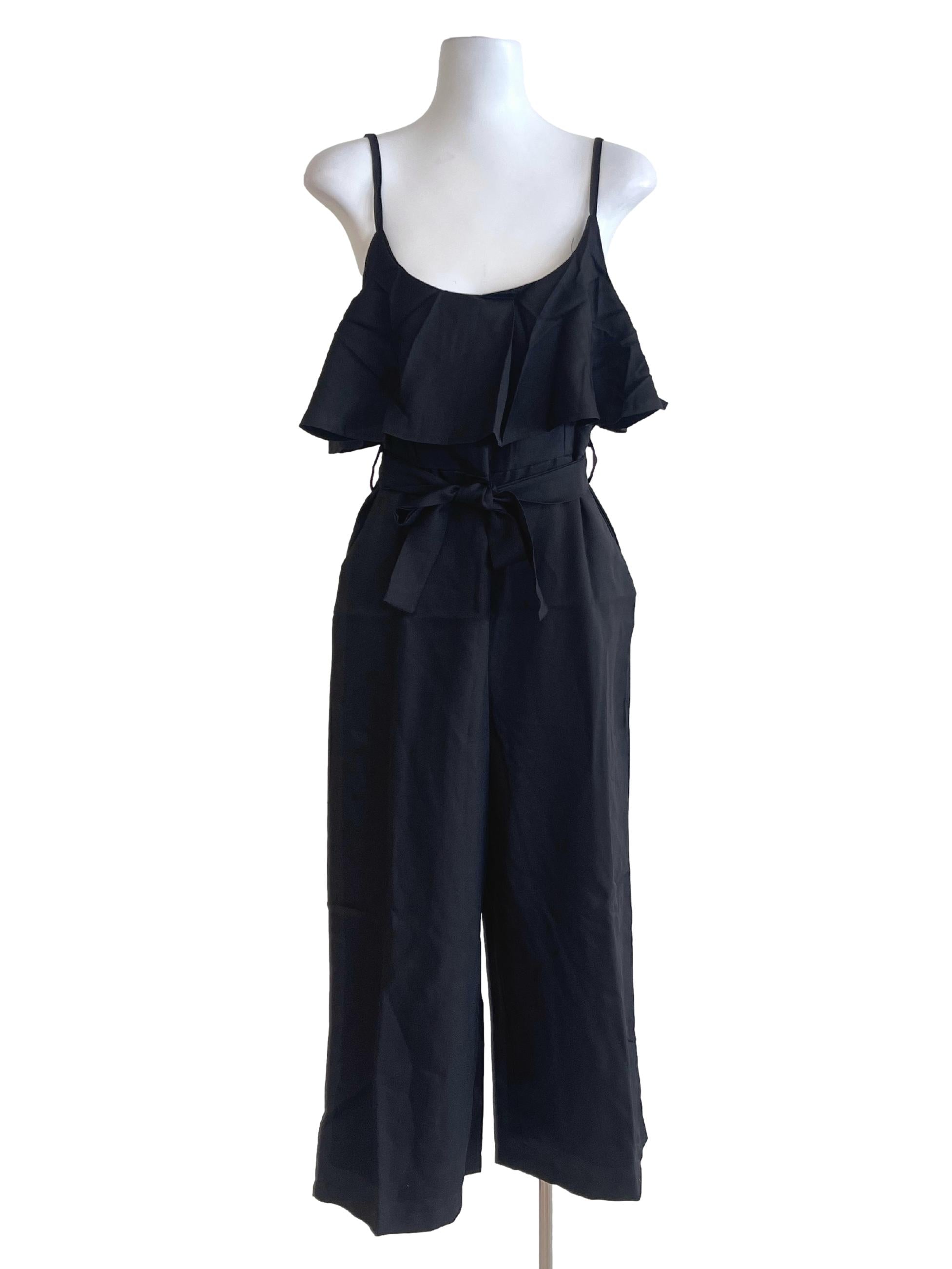 Black Ruffled Collar Strap Jumpsuit