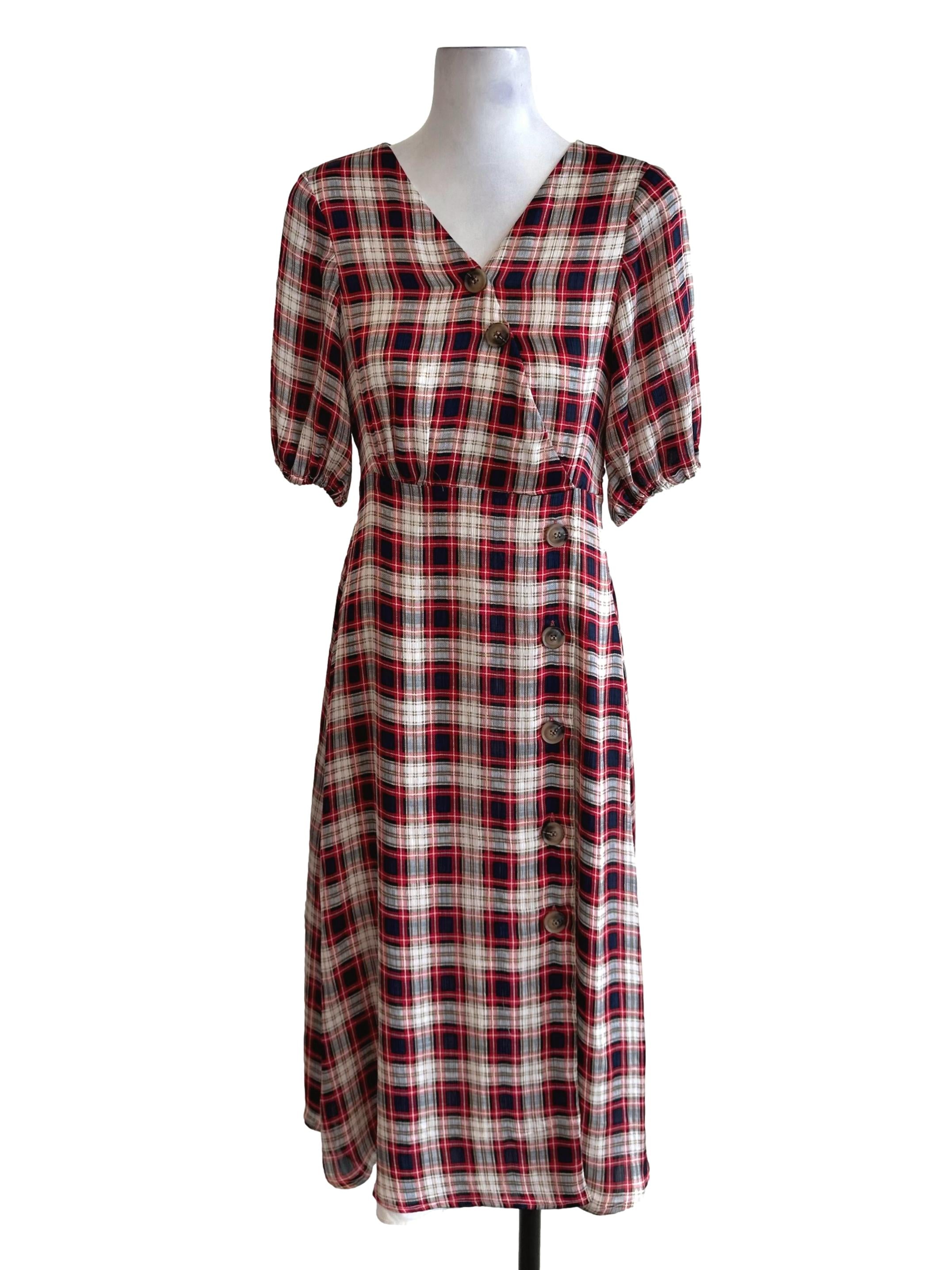 Red Black Plaid Pattern Button Dress