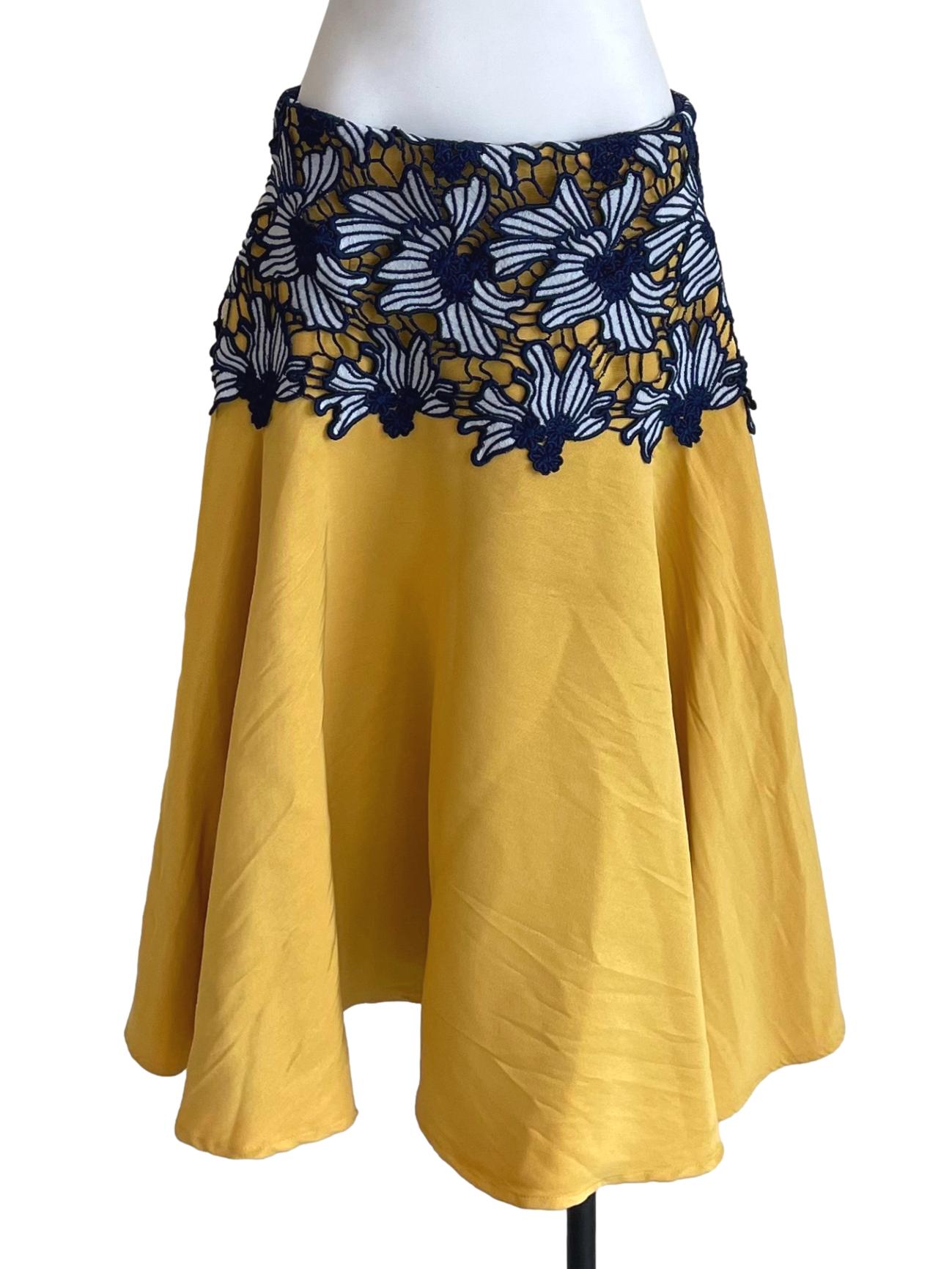 Yellow Contrast Embroidery Full Circle Skirt