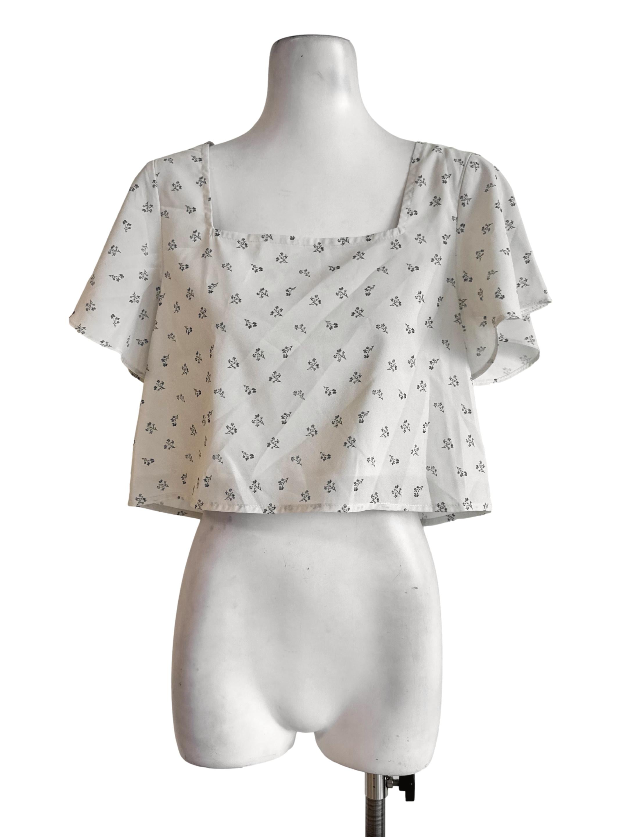 Pale Grey Print Square Neck Top
