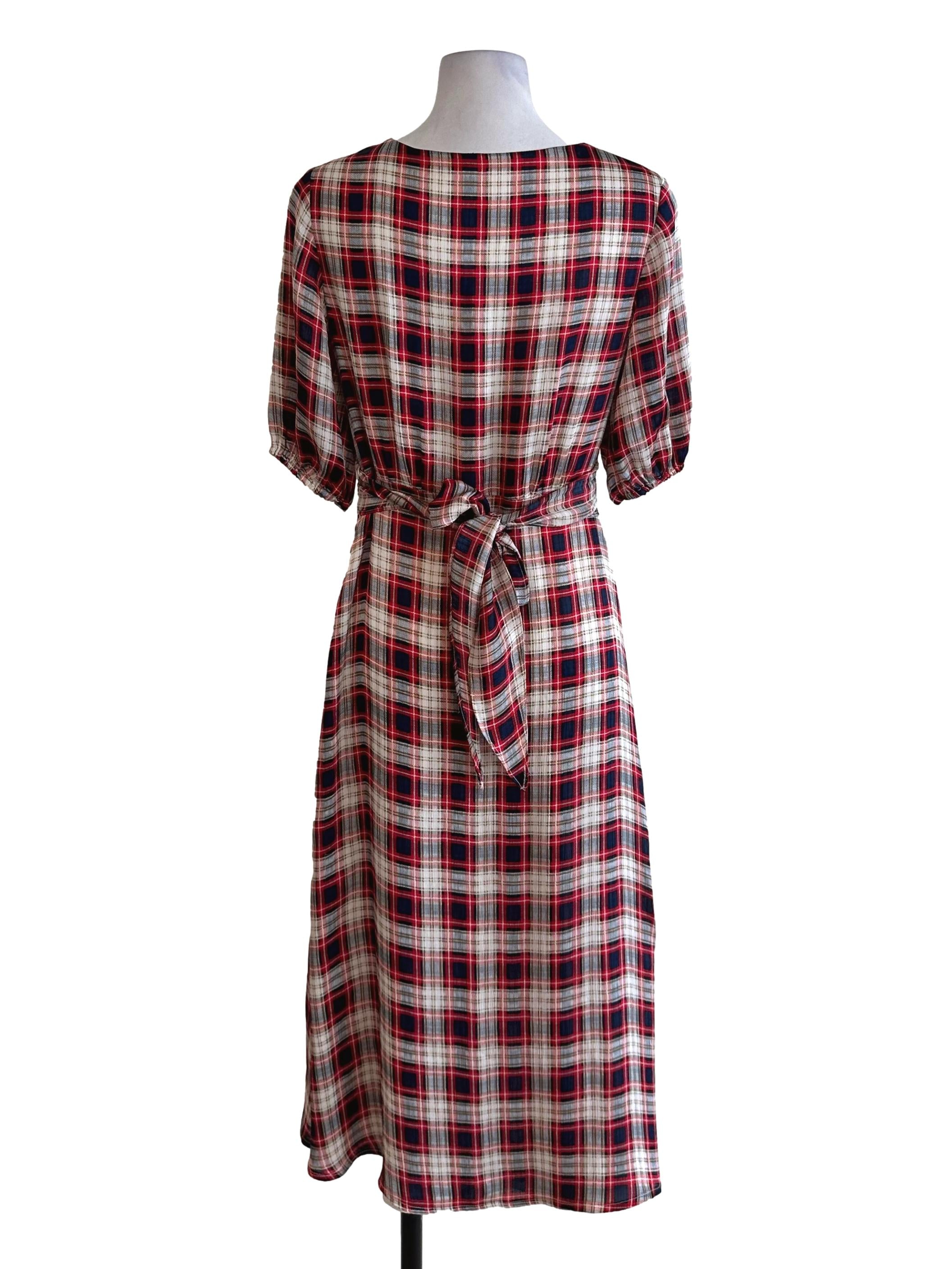 Red Black Plaid Pattern Button Dress