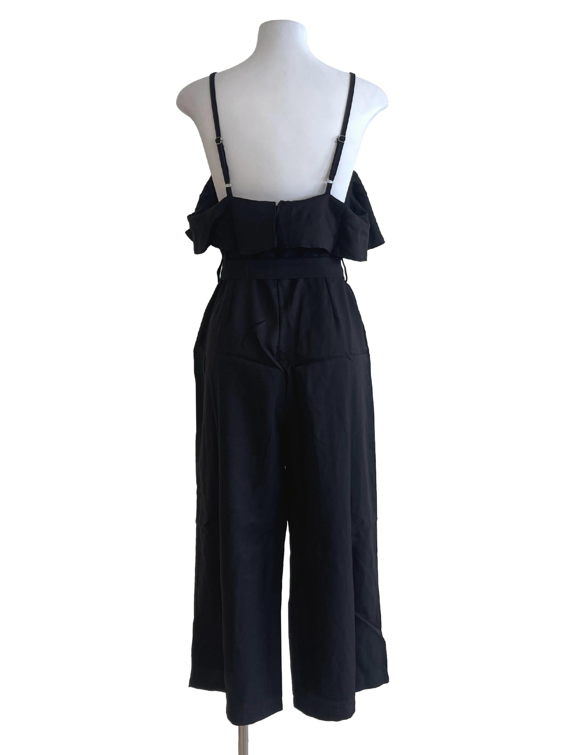Black Ruffled Collar Strap Jumpsuit