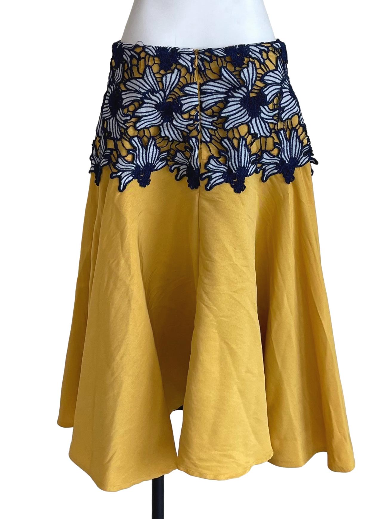Yellow Contrast Embroidery Full Circle Skirt