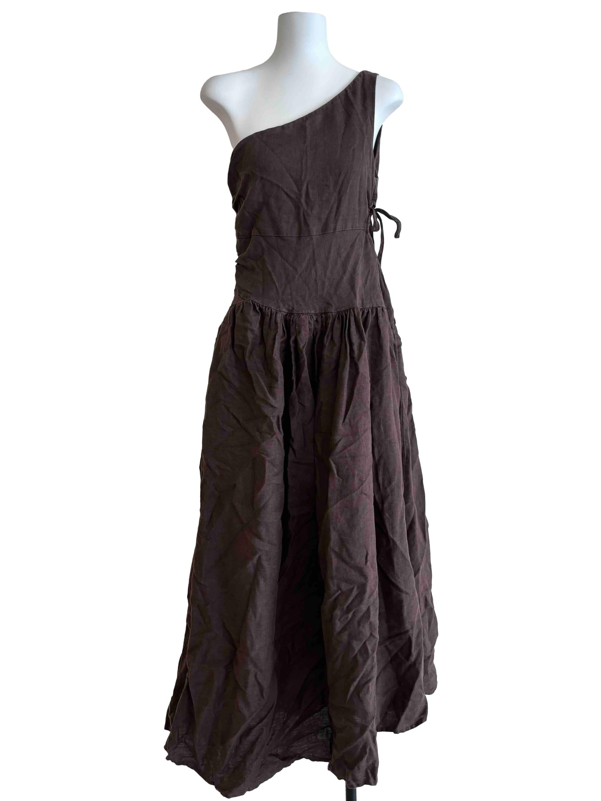 Taupe Brown One Shoulder Linen Dress