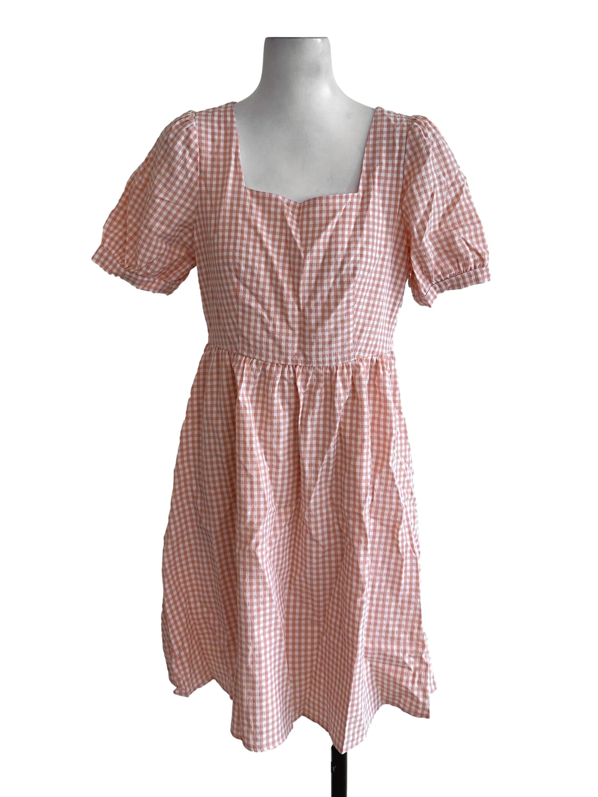 Peach Pink Plaid Square Neck Dress