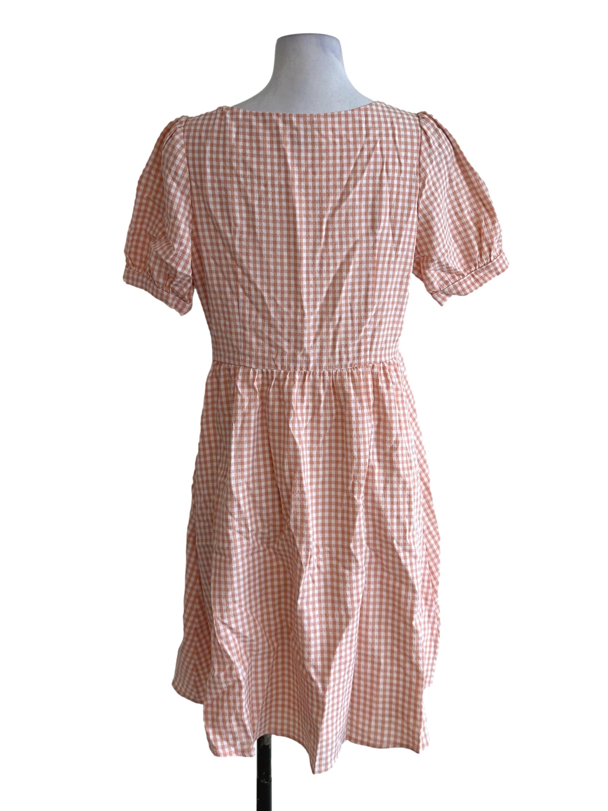 Peach Pink Plaid Square Neck Dress