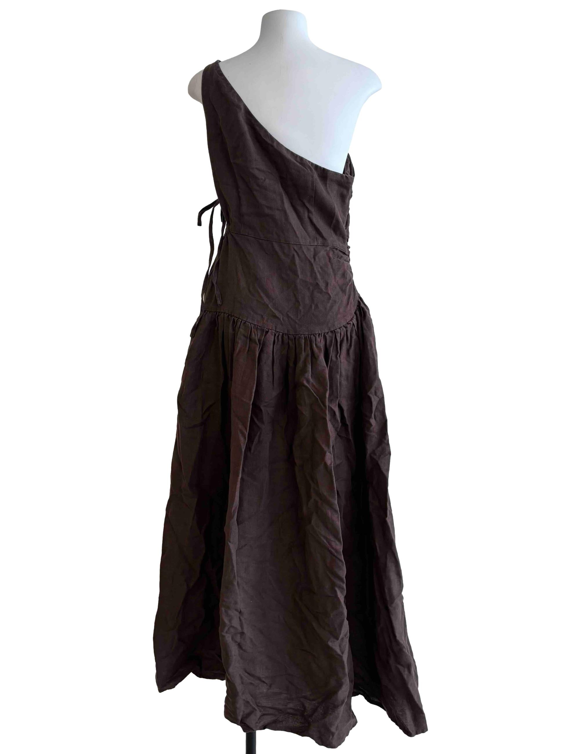 Taupe Brown One Shoulder Linen Dress