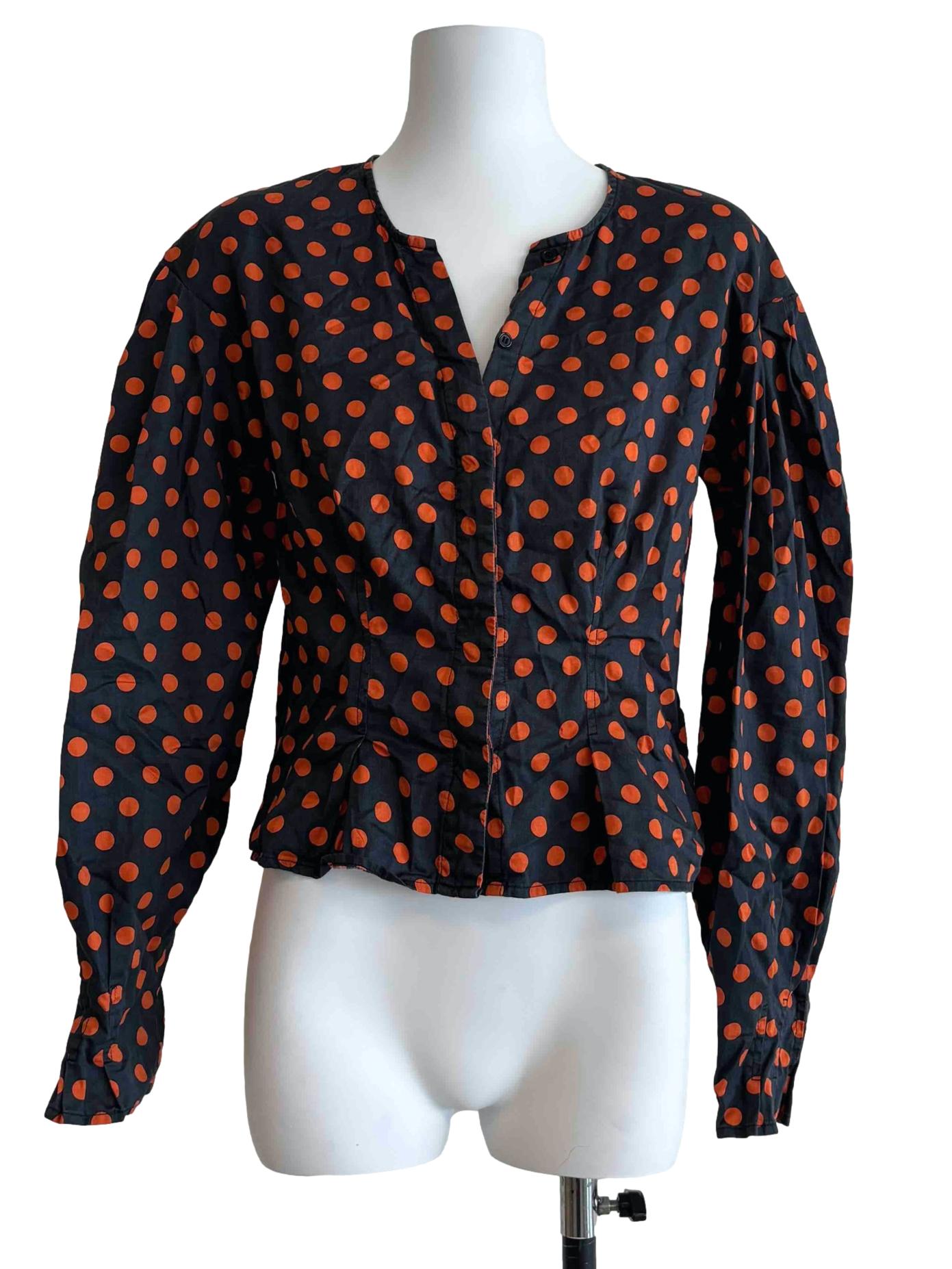 Jet Black Orange Polka Dot Cotton Blouse