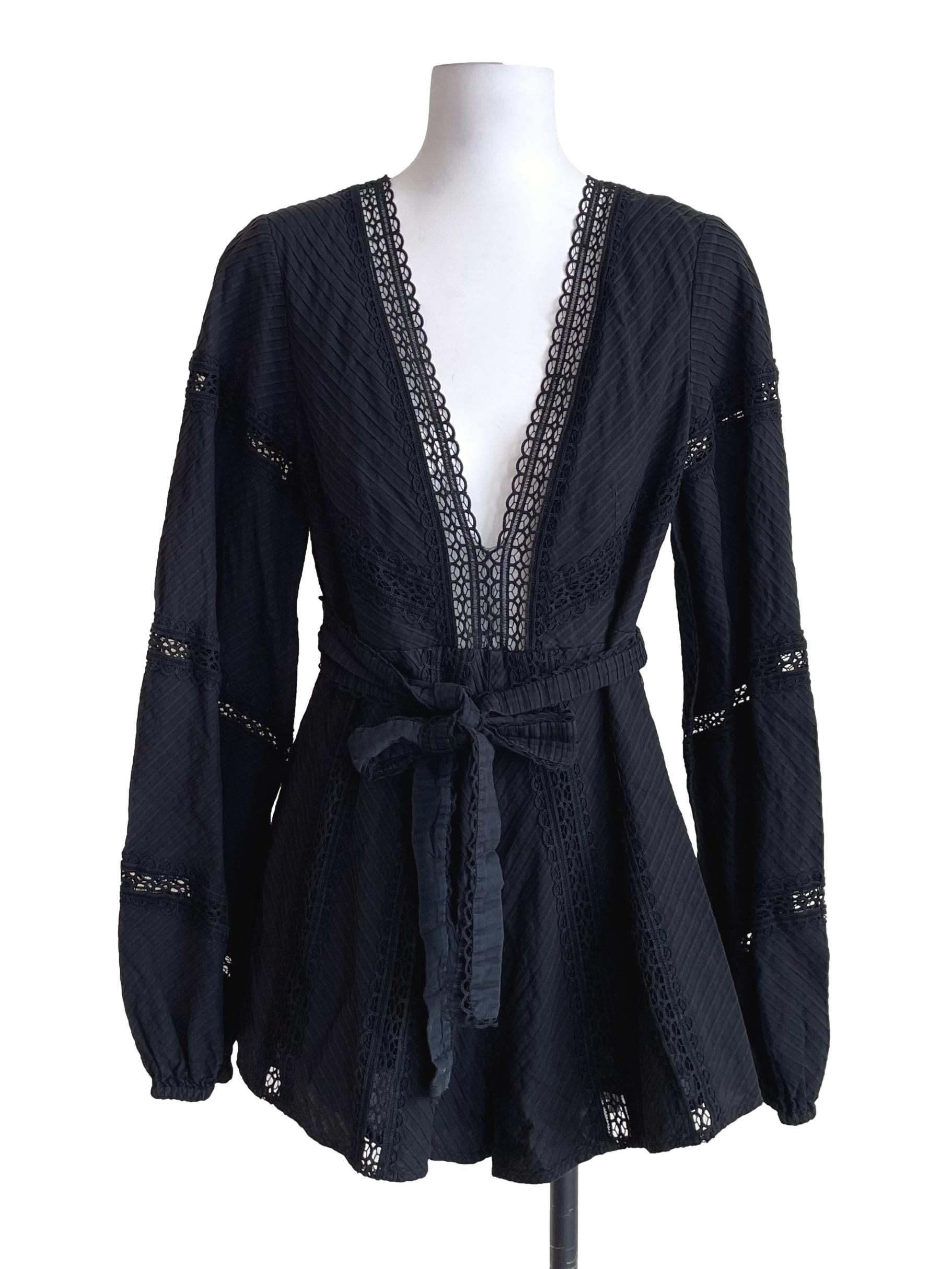 Charcoal Black Lace Trace Puff Sleeves Romper