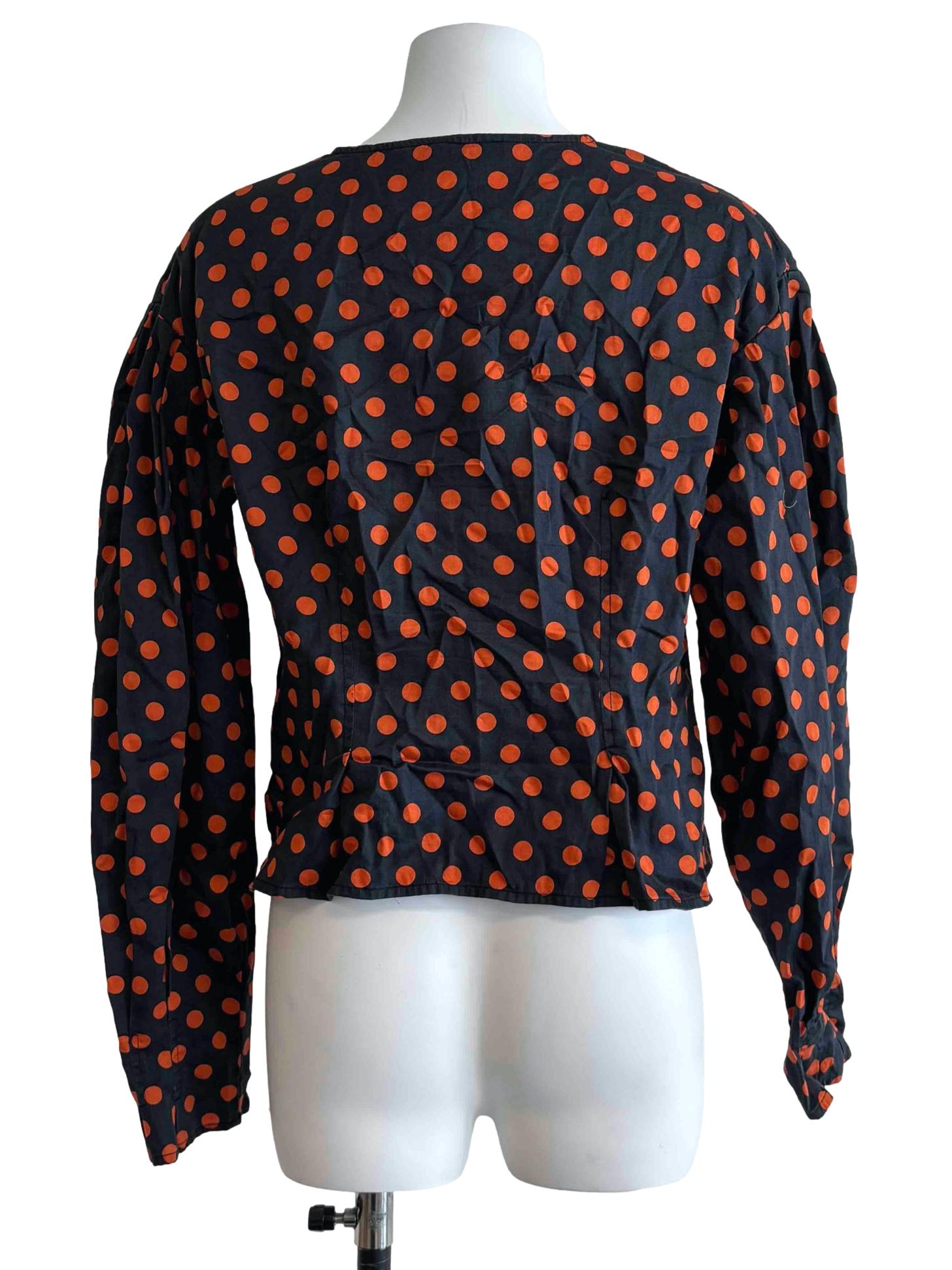 Jet Black Orange Polka Dot Cotton Blouse