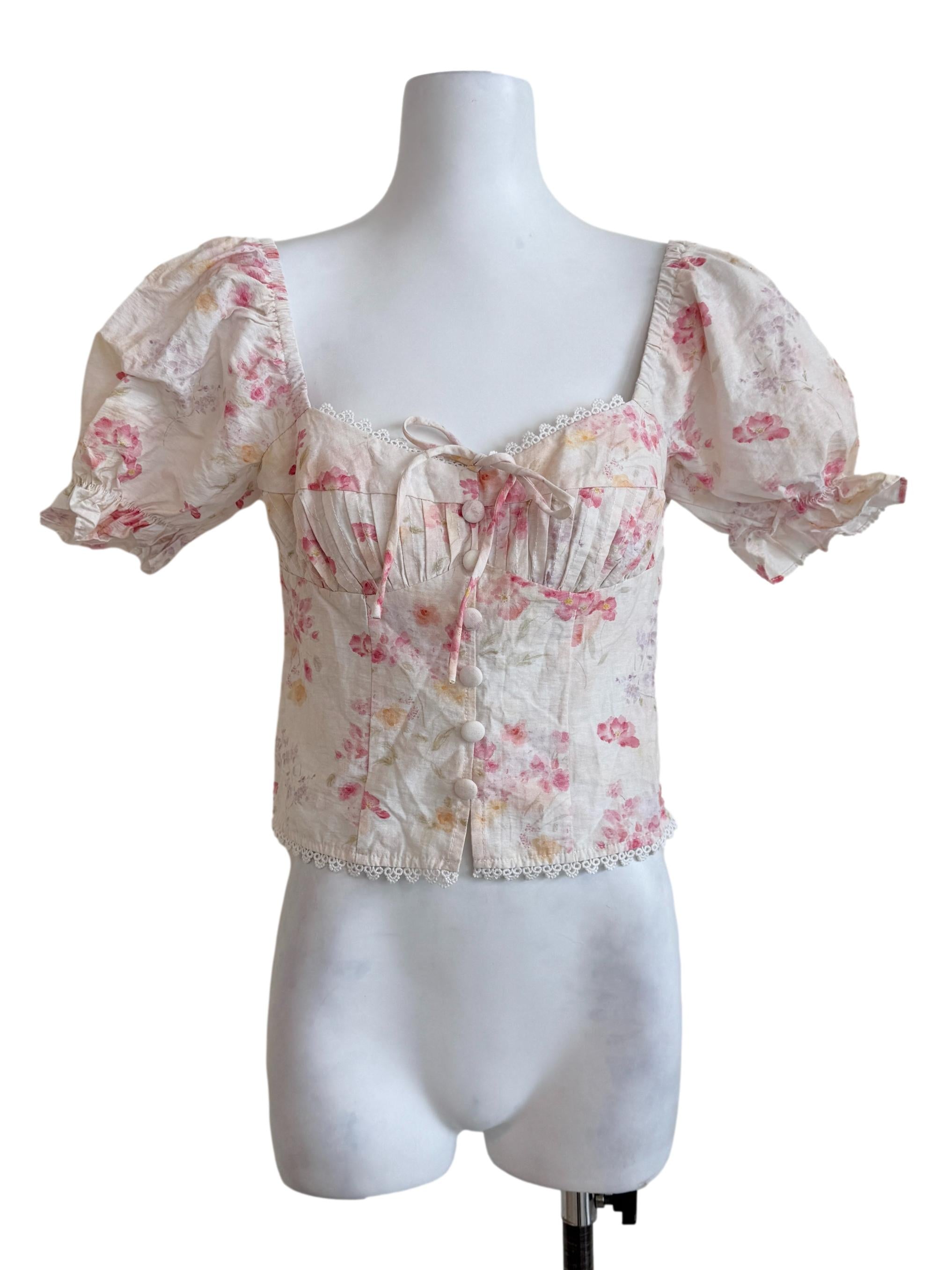 Pearl White Floral Puff Sleeves Blouse