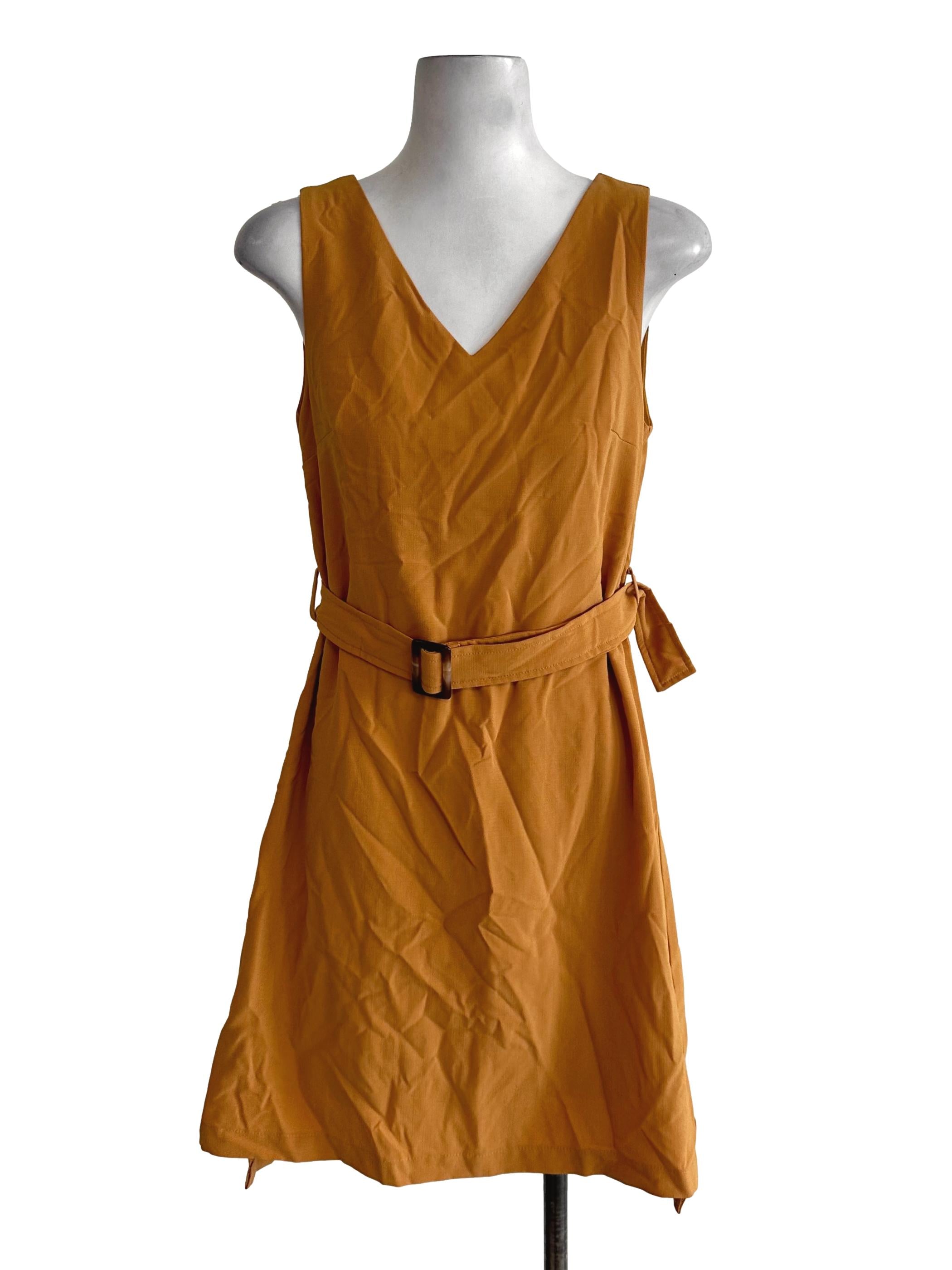 Mustard Yellow V Neck Belt Strap Dress