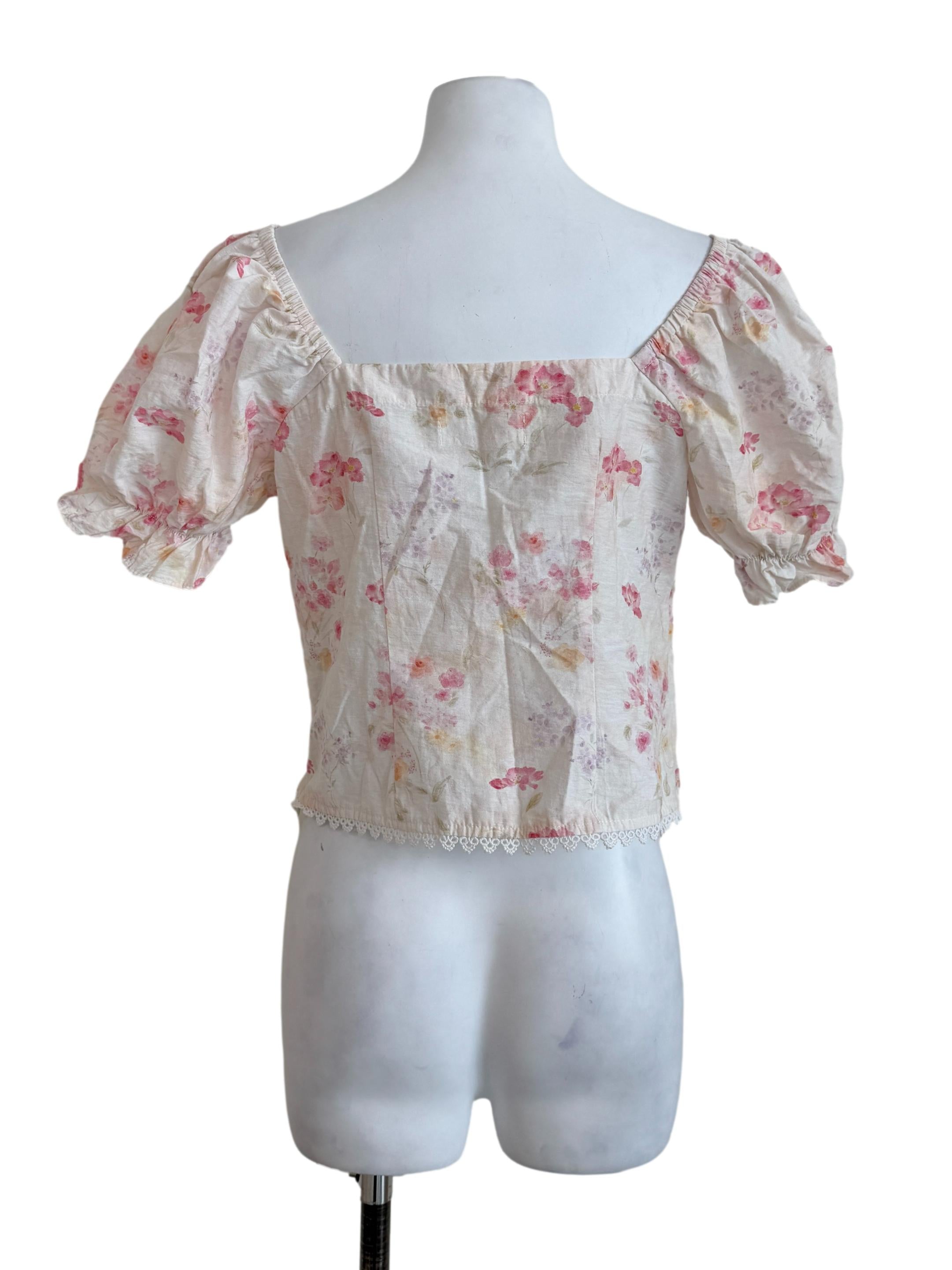 Pearl White Floral Puff Sleeves Blouse