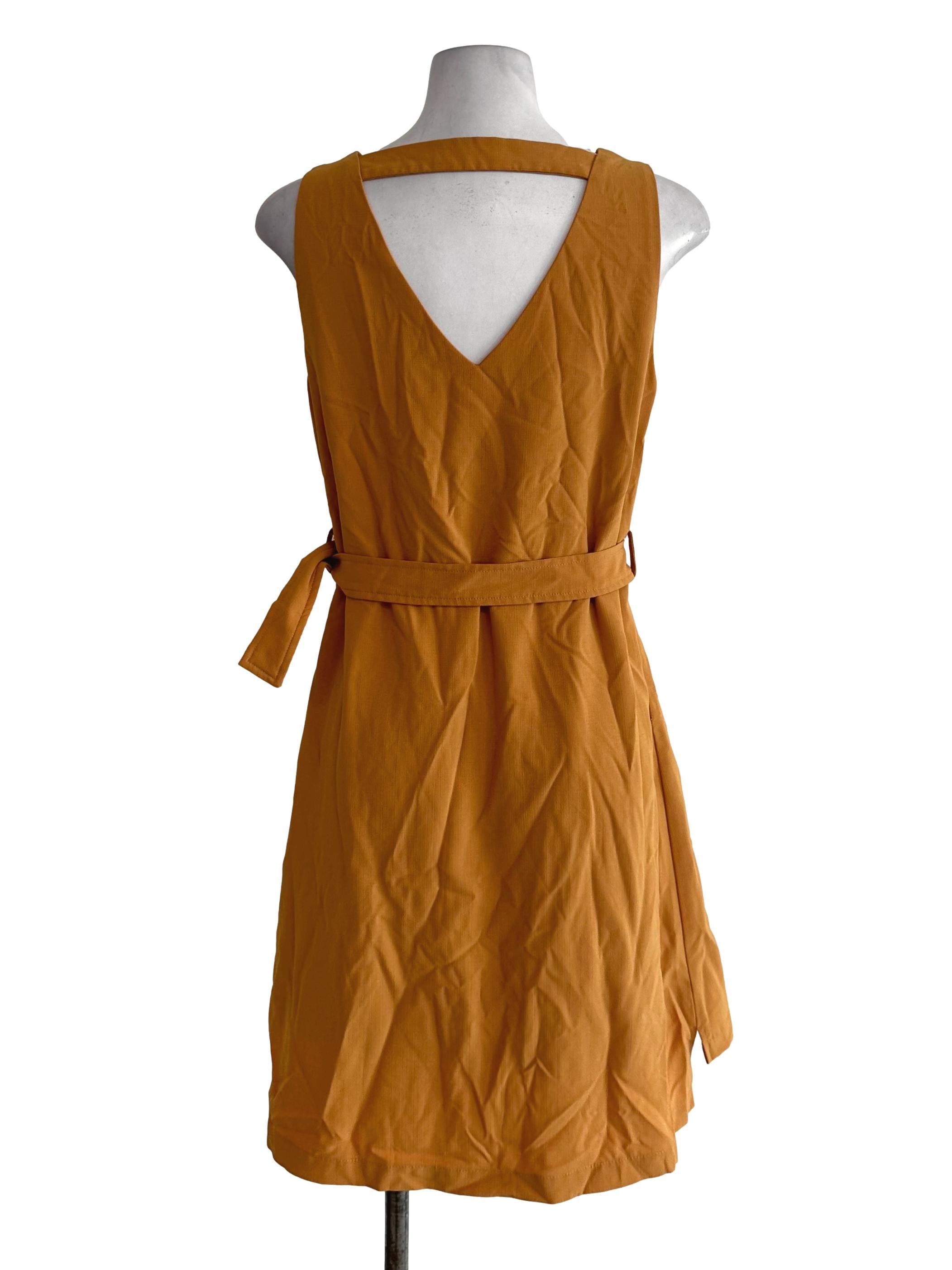 Mustard Yellow V Neck Belt Strap Dress