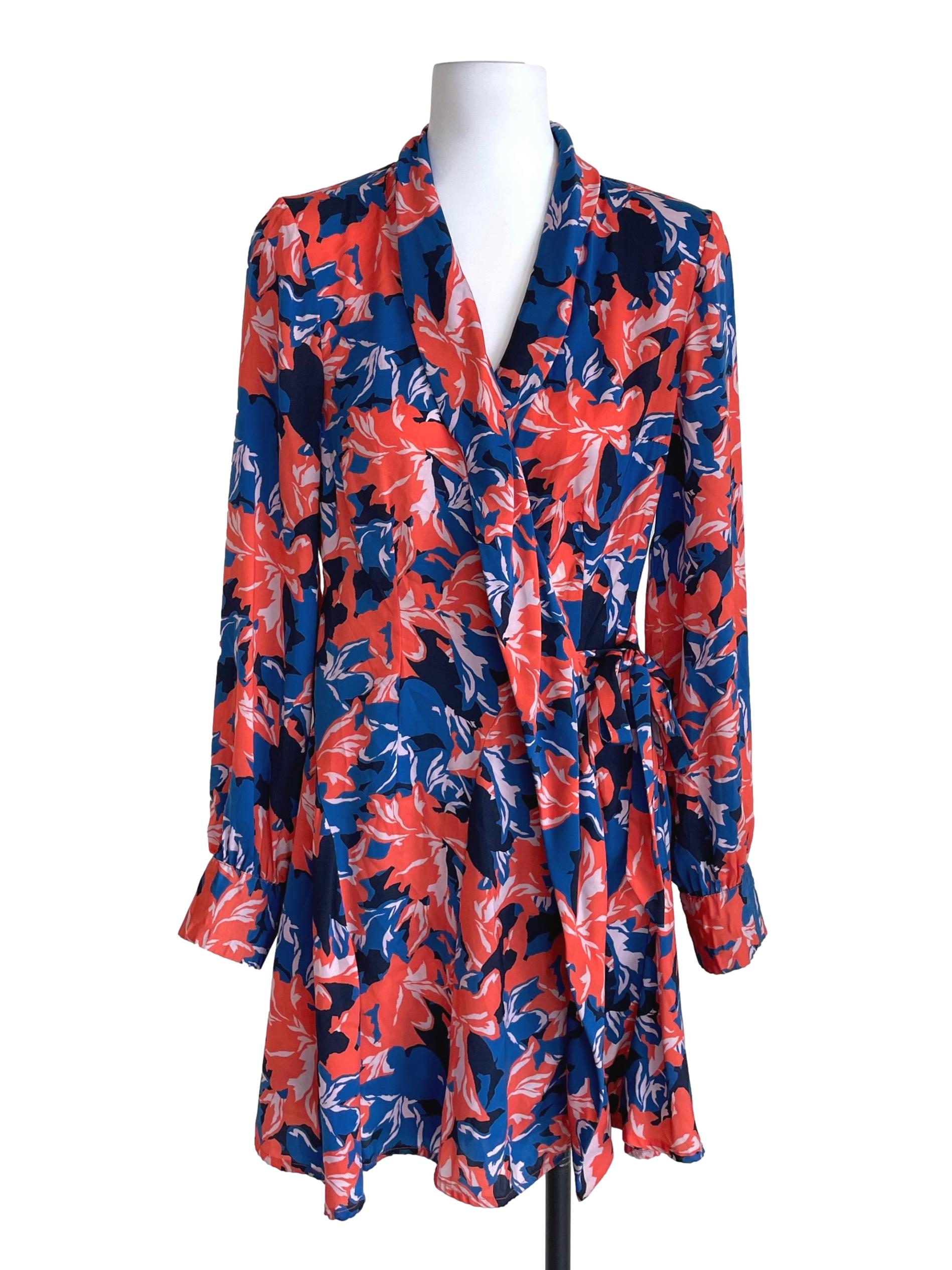 Blue & Orange Printed Wrap Dress