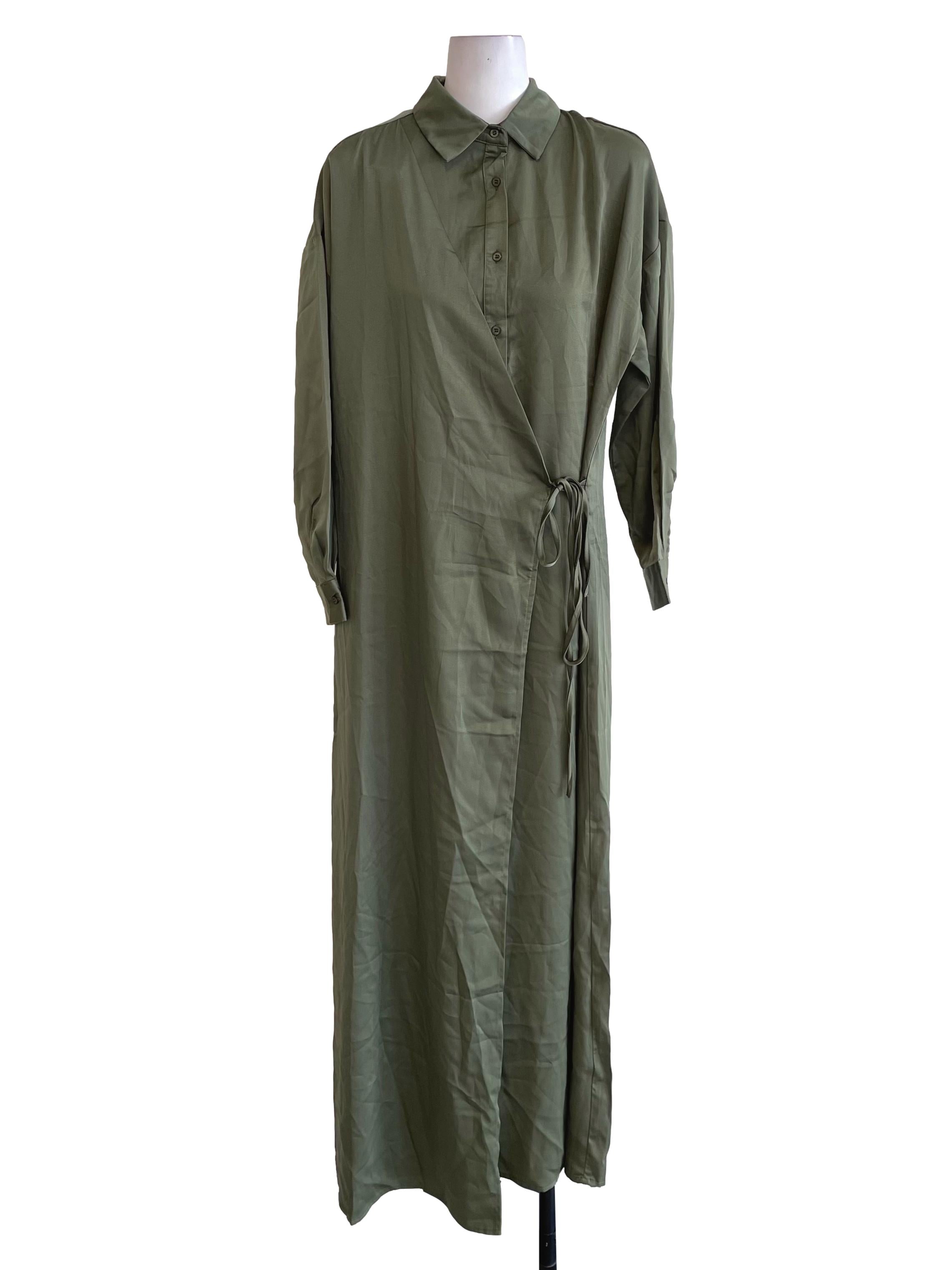 Crocodile Green Satin Shirt Wrap Dress