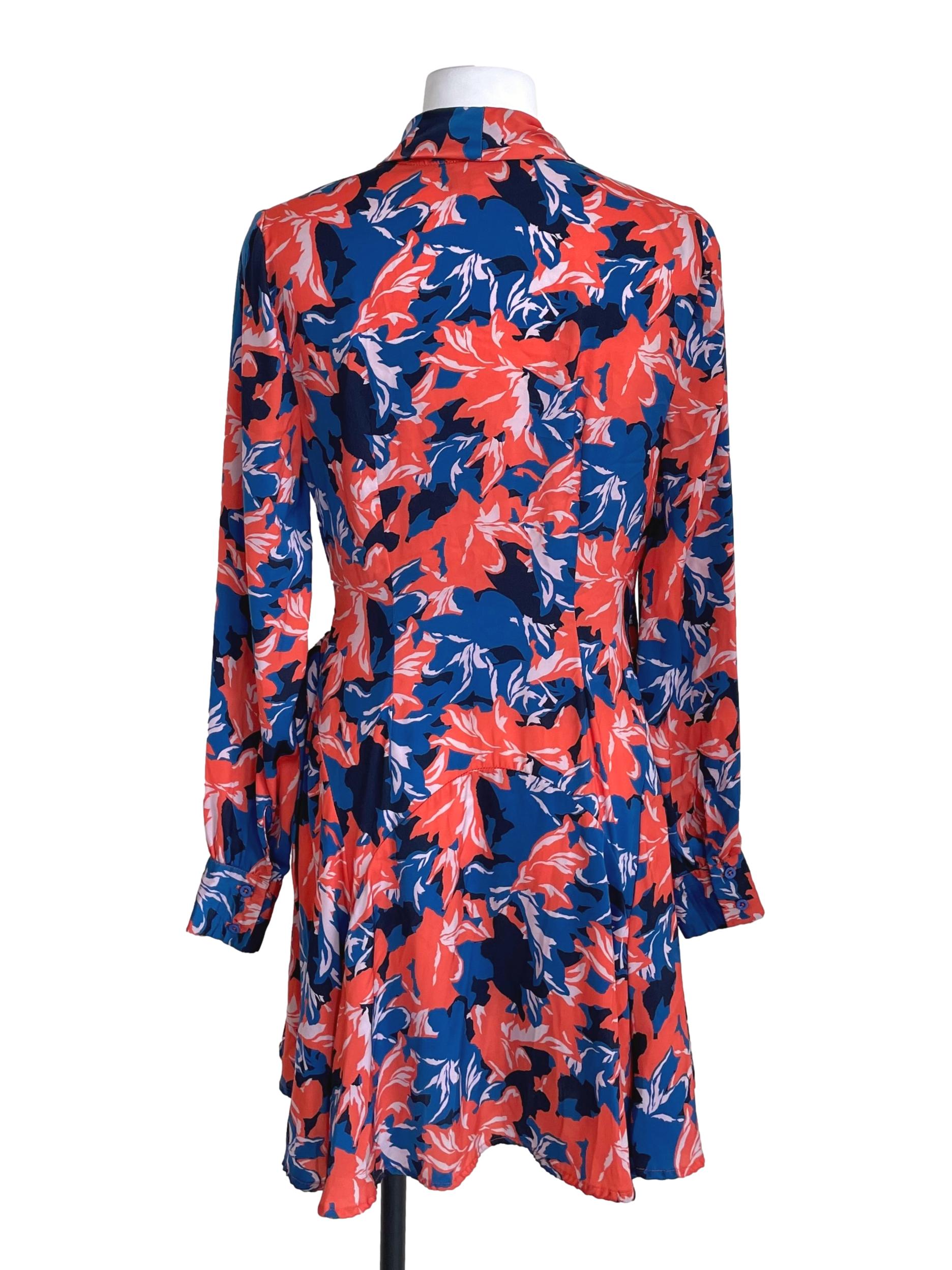 Blue & Orange Printed Wrap Dress