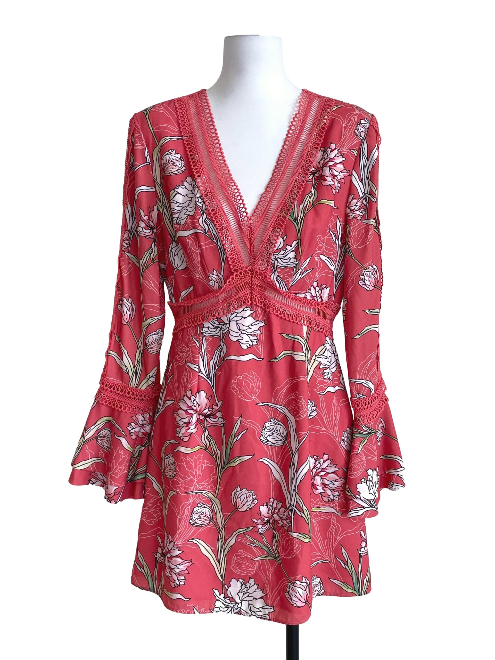 Blush Red Floral Layer Cap Sleeves Dress