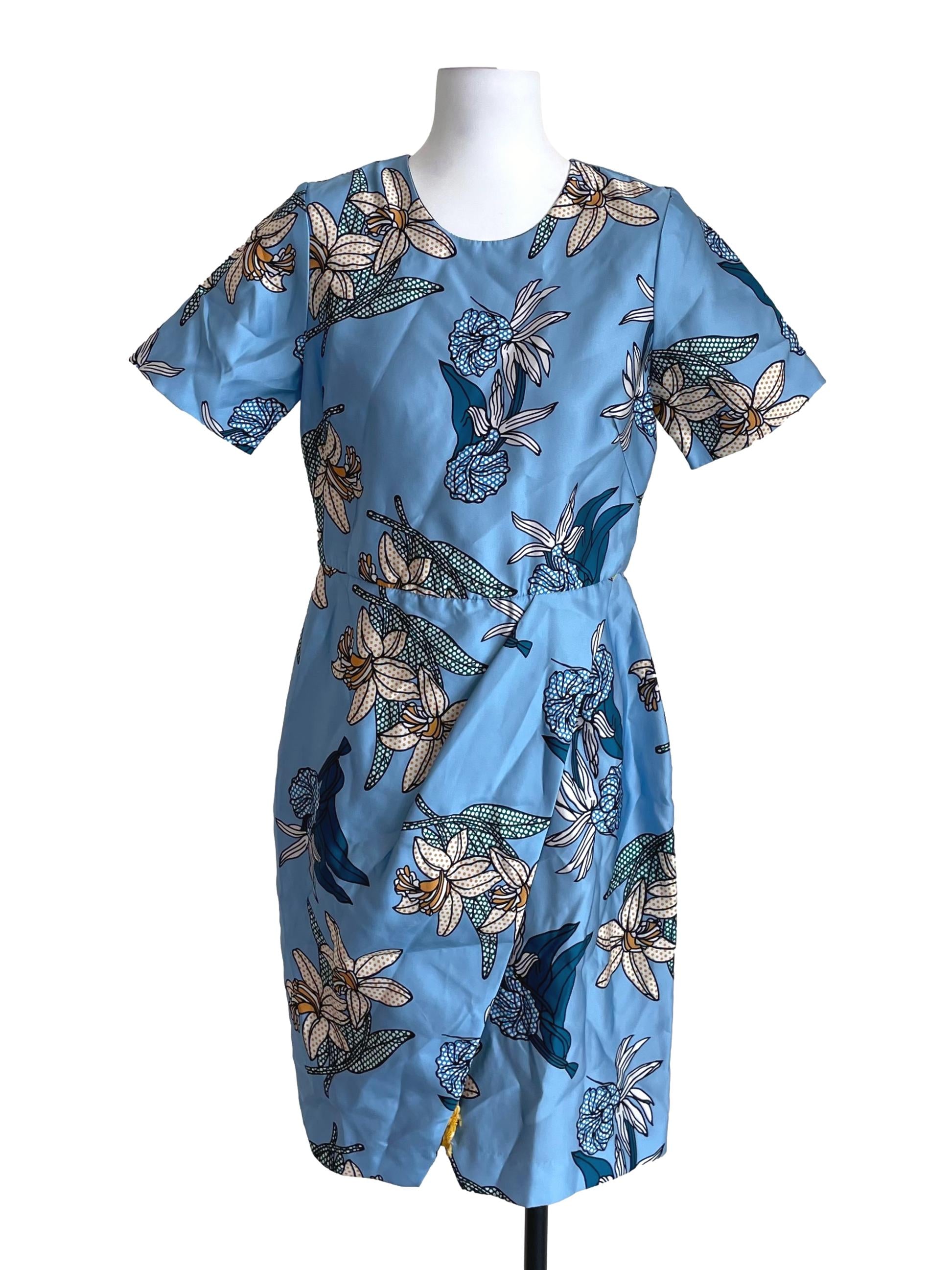 Cool Blue Floral Round Neck Slip Dress