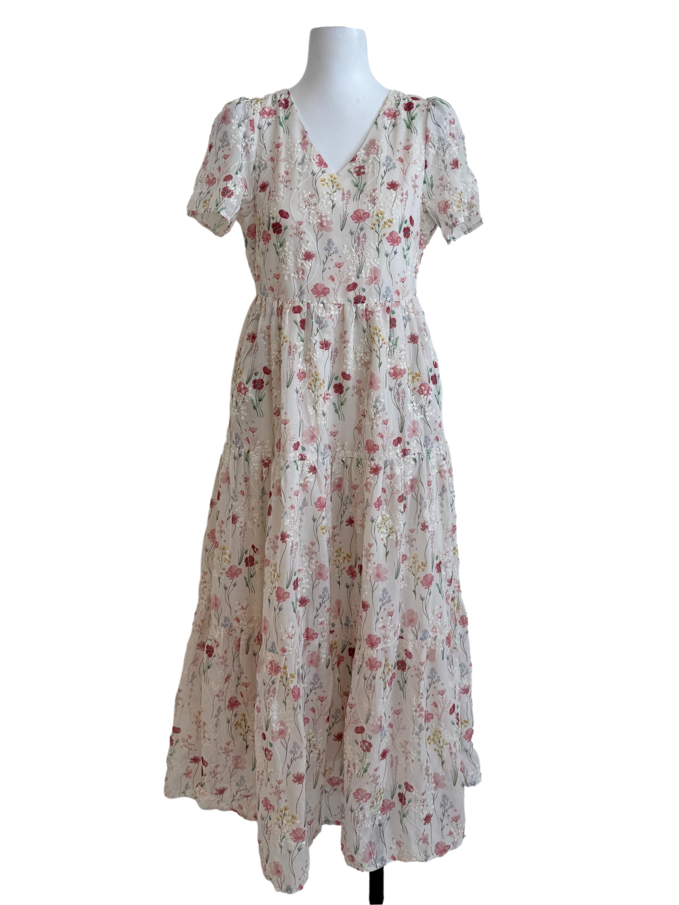 Cream Floral Drop Waist Dress