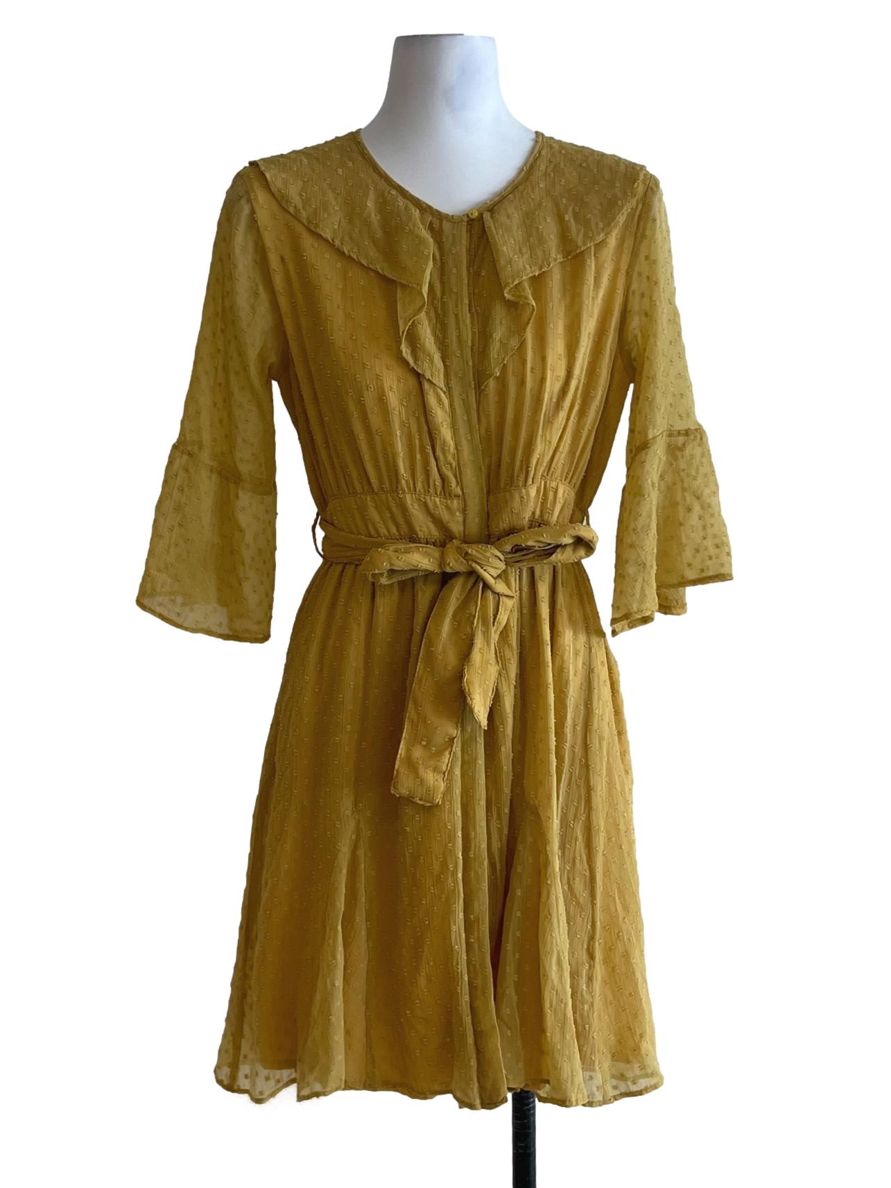 Mustard Yellow Jewel Neckline Empire Dress