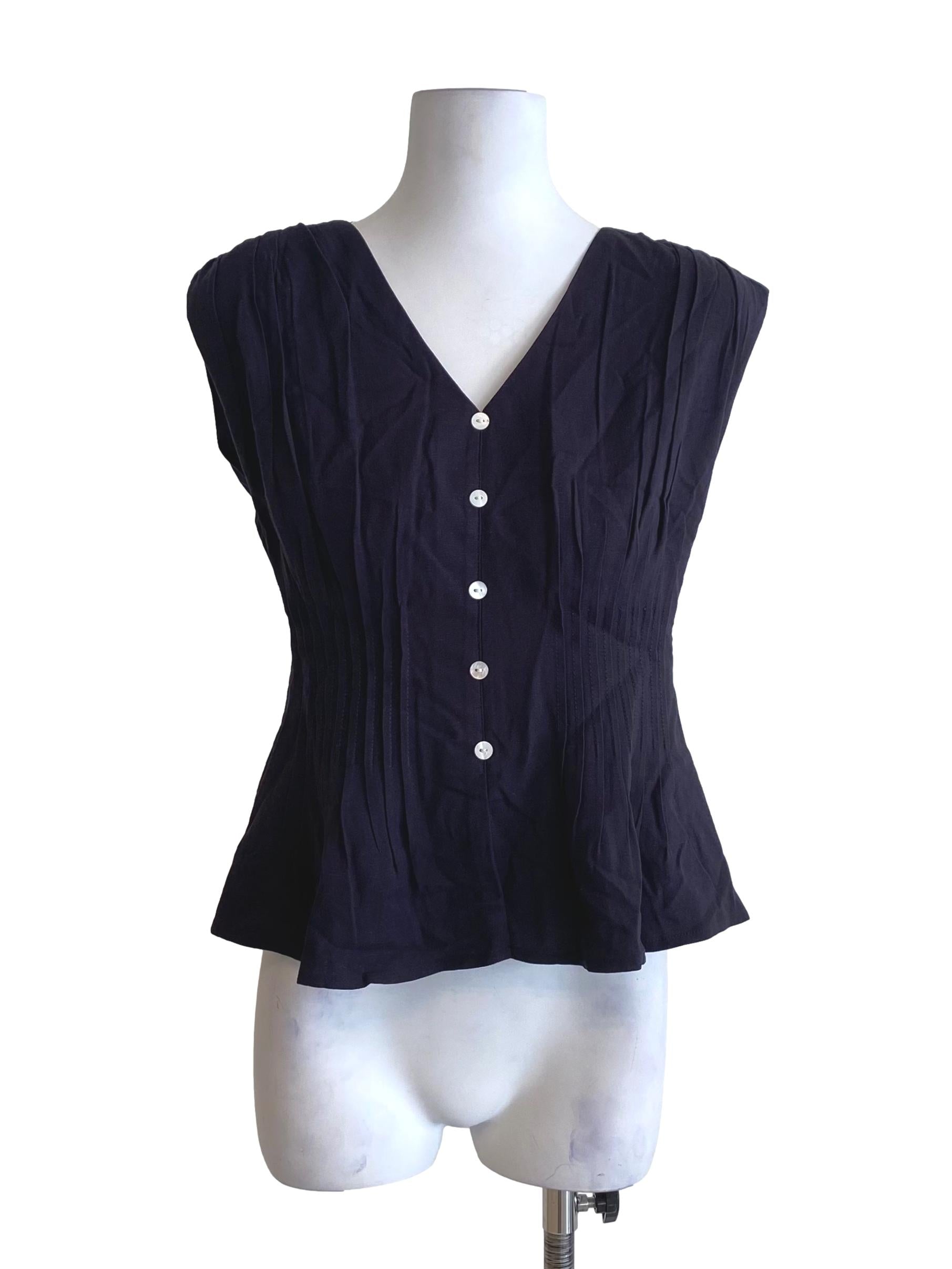 Dark Peacoat Blue V-Neck Pleated Sleeveless Top