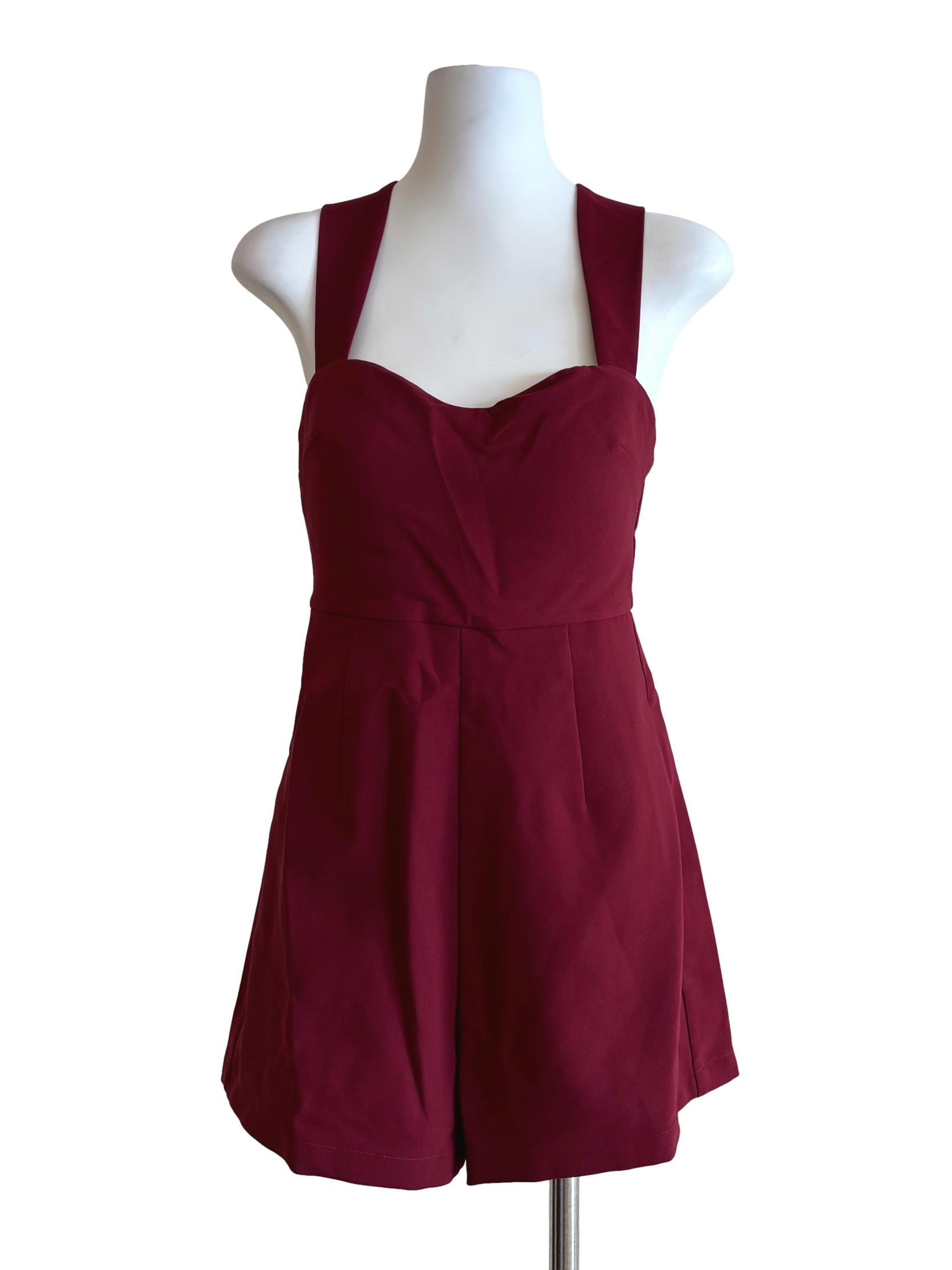 Burgundy Queen Anne Neckline Rompers
