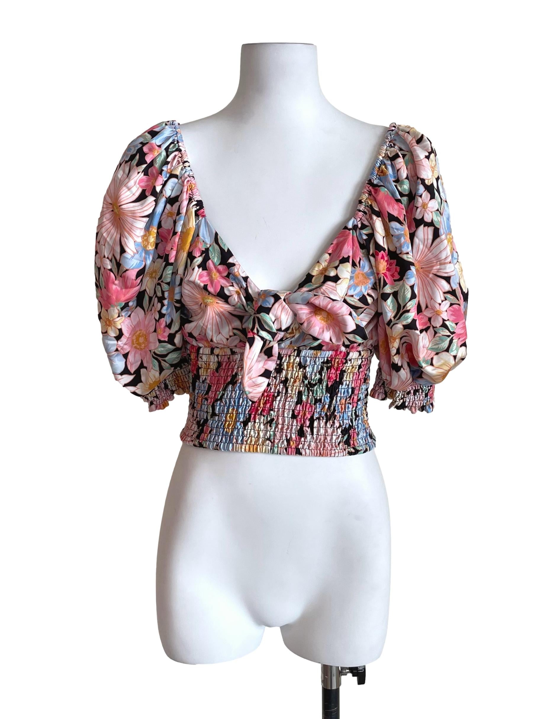 Black Floral Shirred Front Knot Top