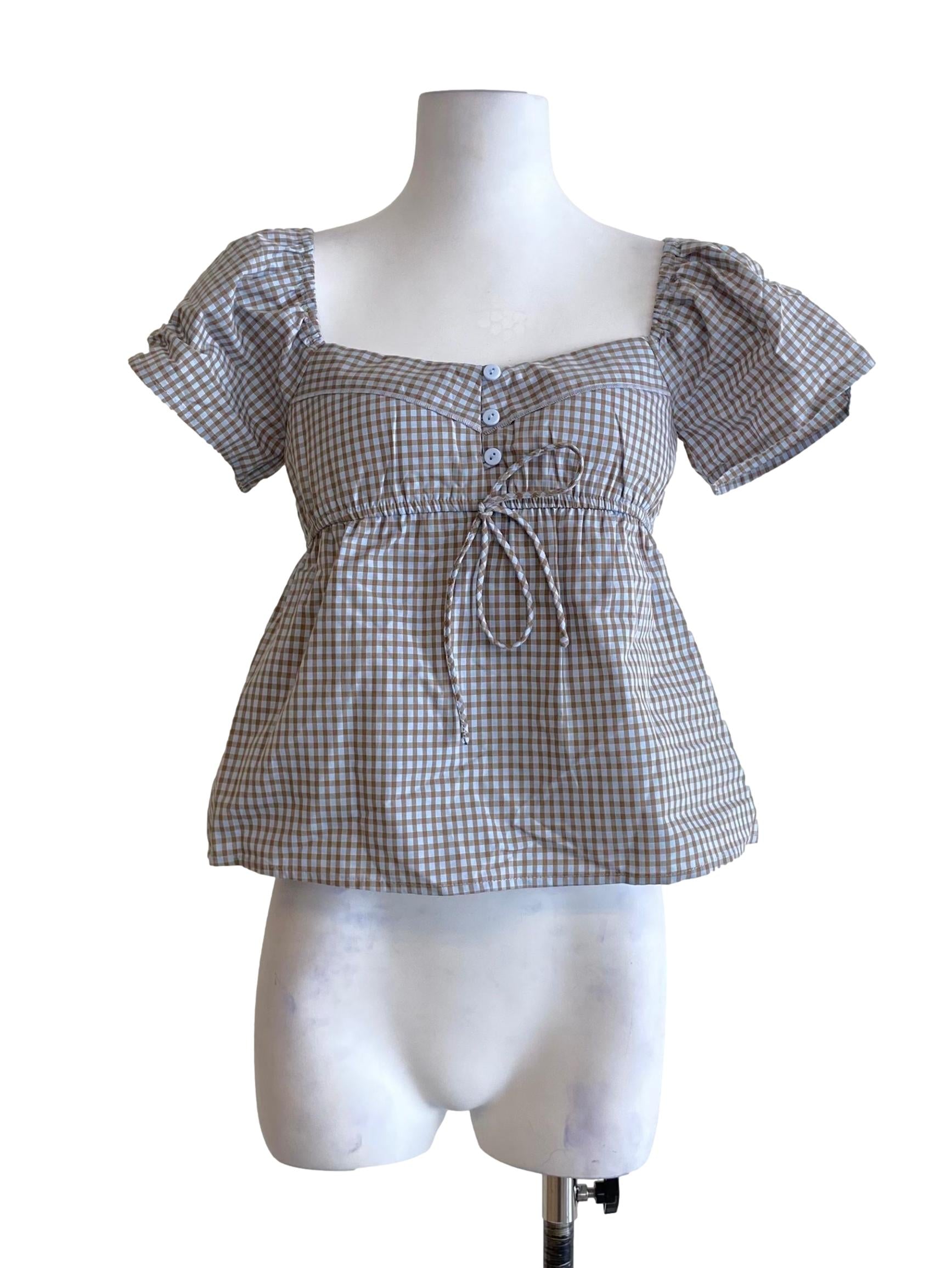 Baby Blue And Brown Checkered Babydoll Top