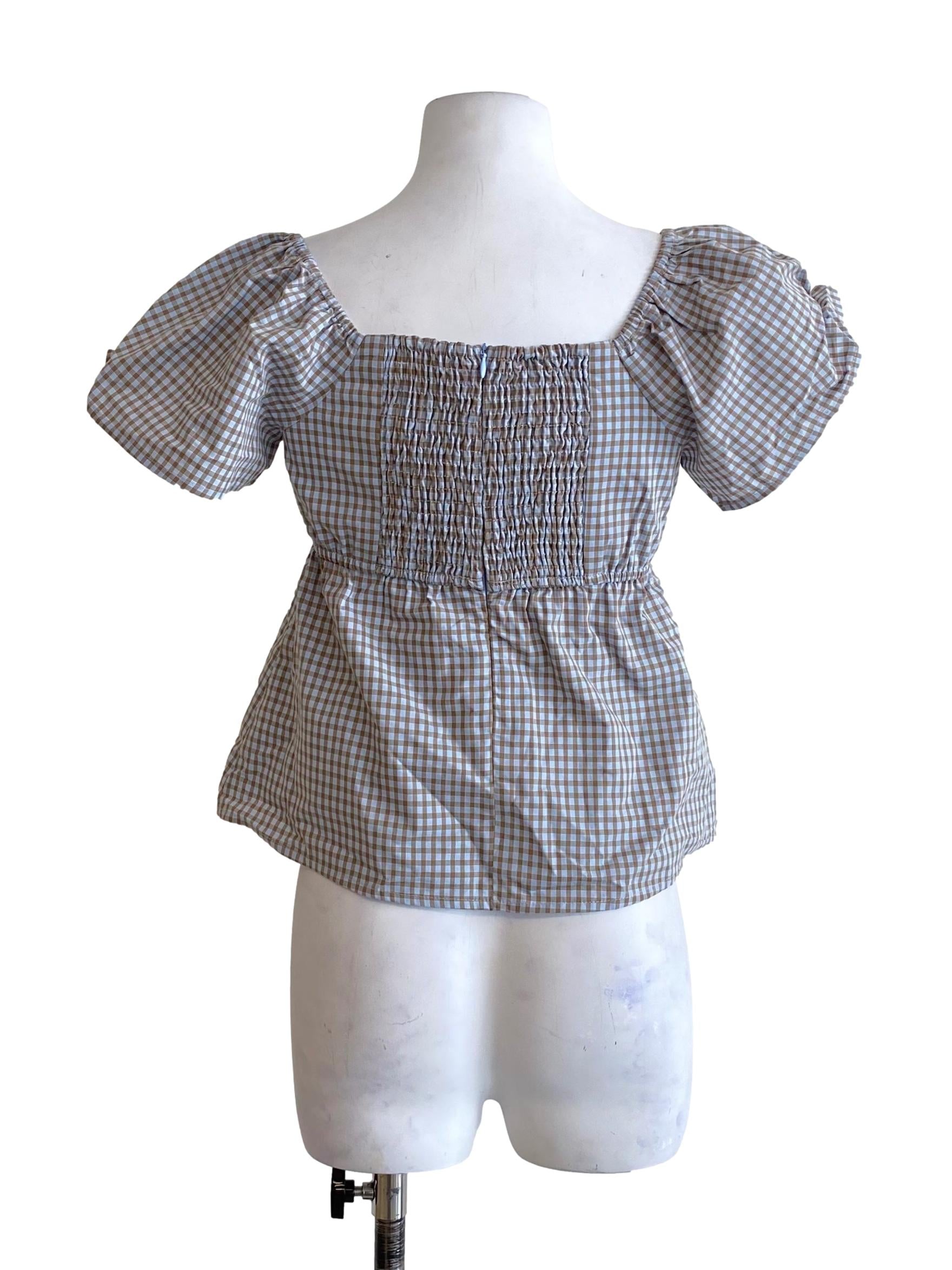 Baby Blue And Brown Checkered Babydoll Top
