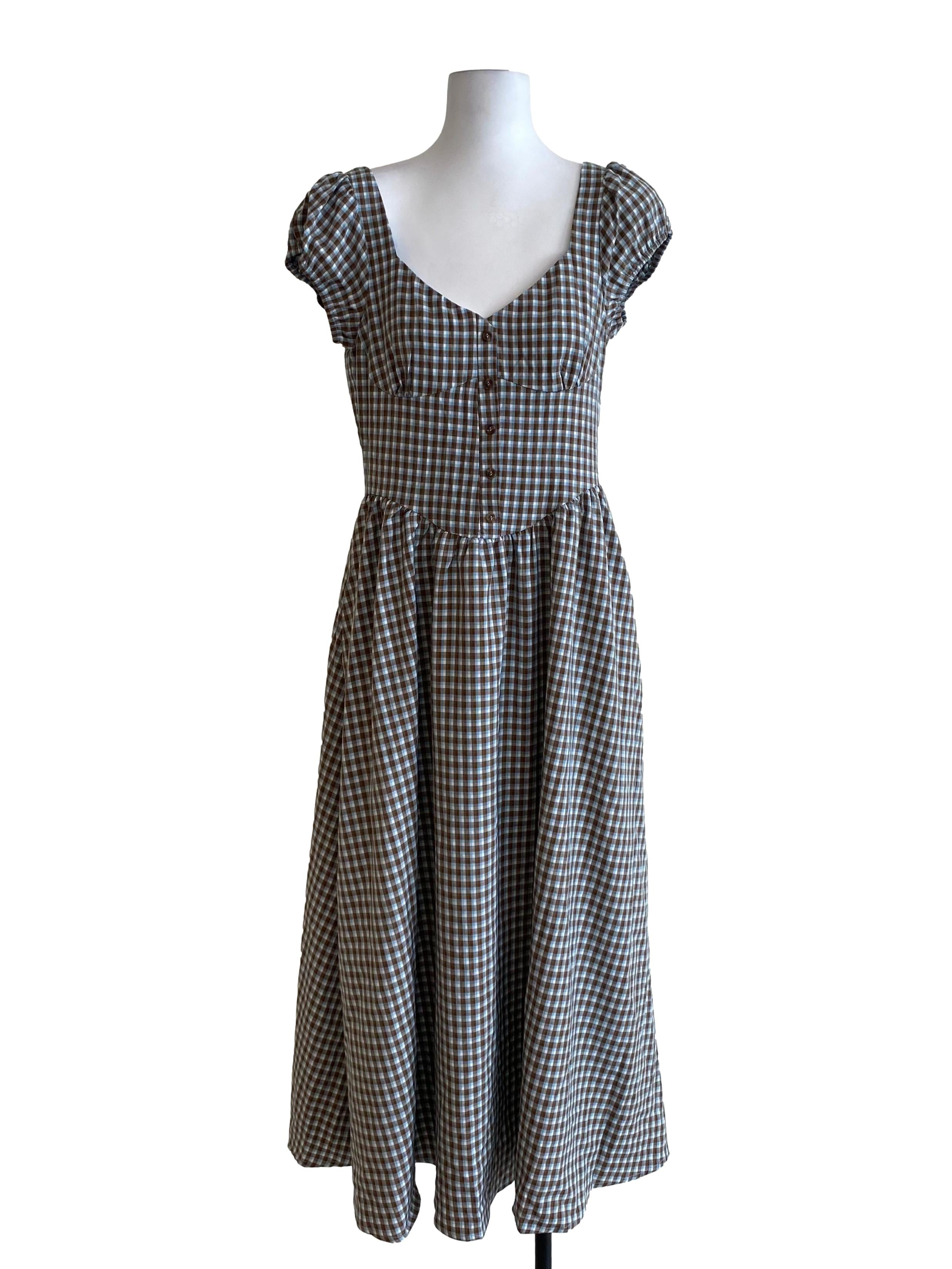Cinnamon Brown And Blue Checkered Drop Waist Dress