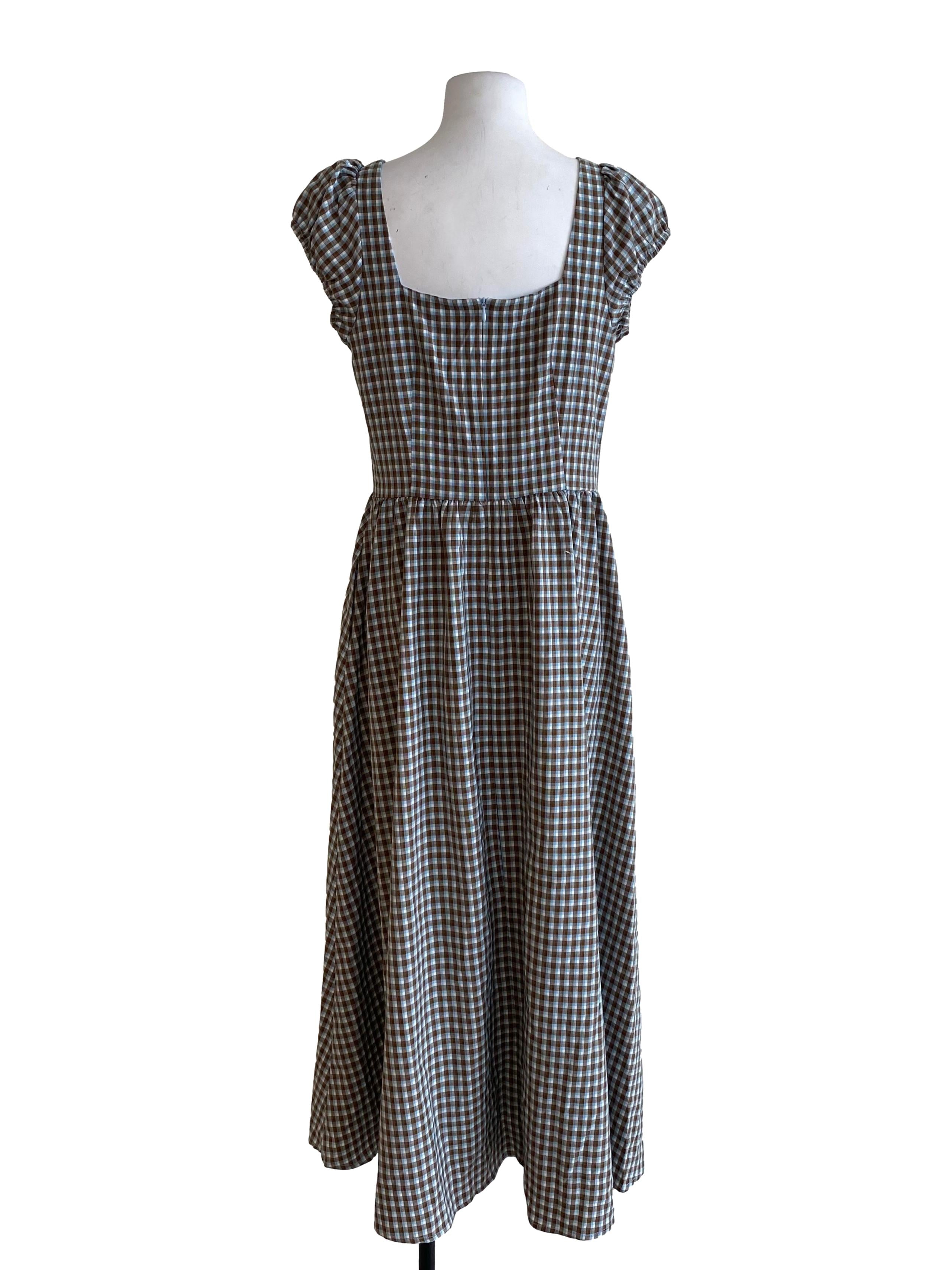 Cinnamon Brown And Blue Checkered Drop Waist Dress