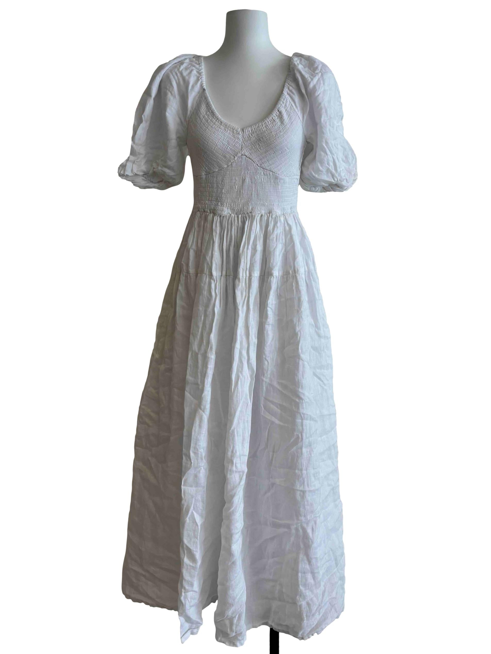 Powder White Smocked Puffy Linen Dress