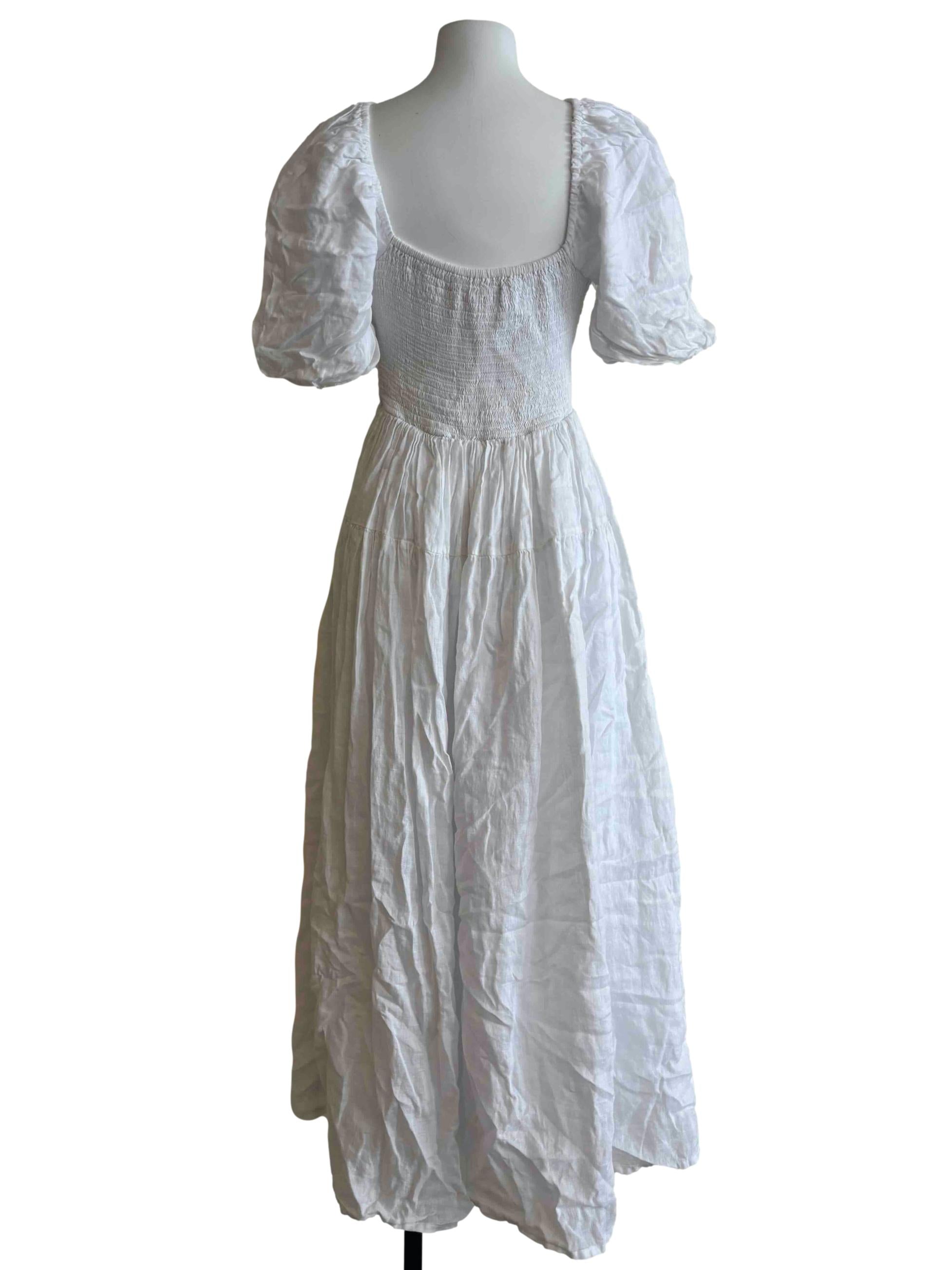 Powder White Smocked Puffy Linen Dress