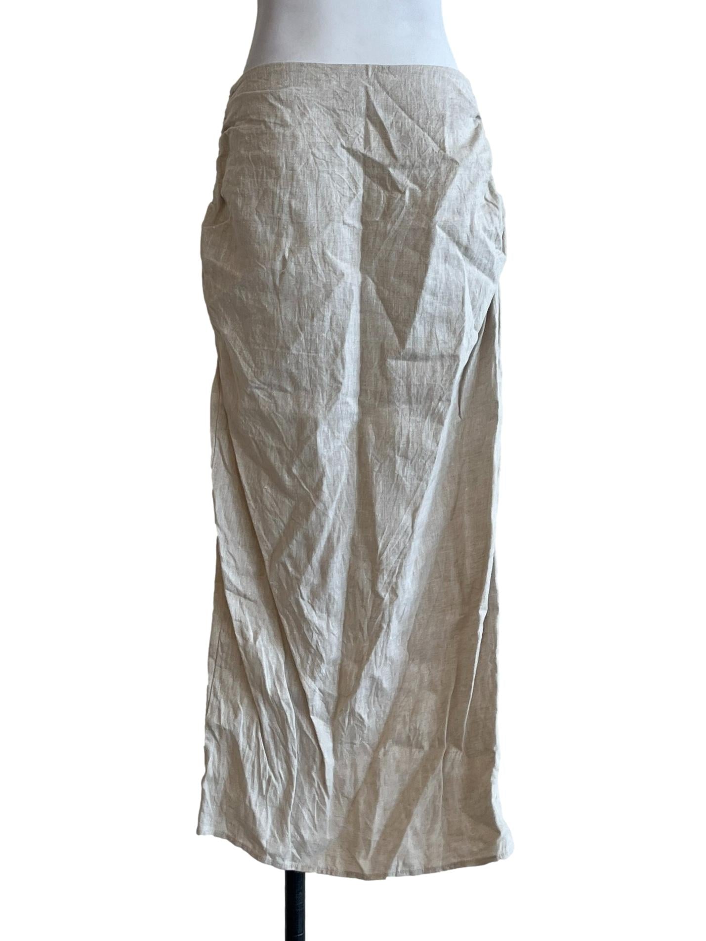 Beige Textured Linen Wrap Skirt OSN