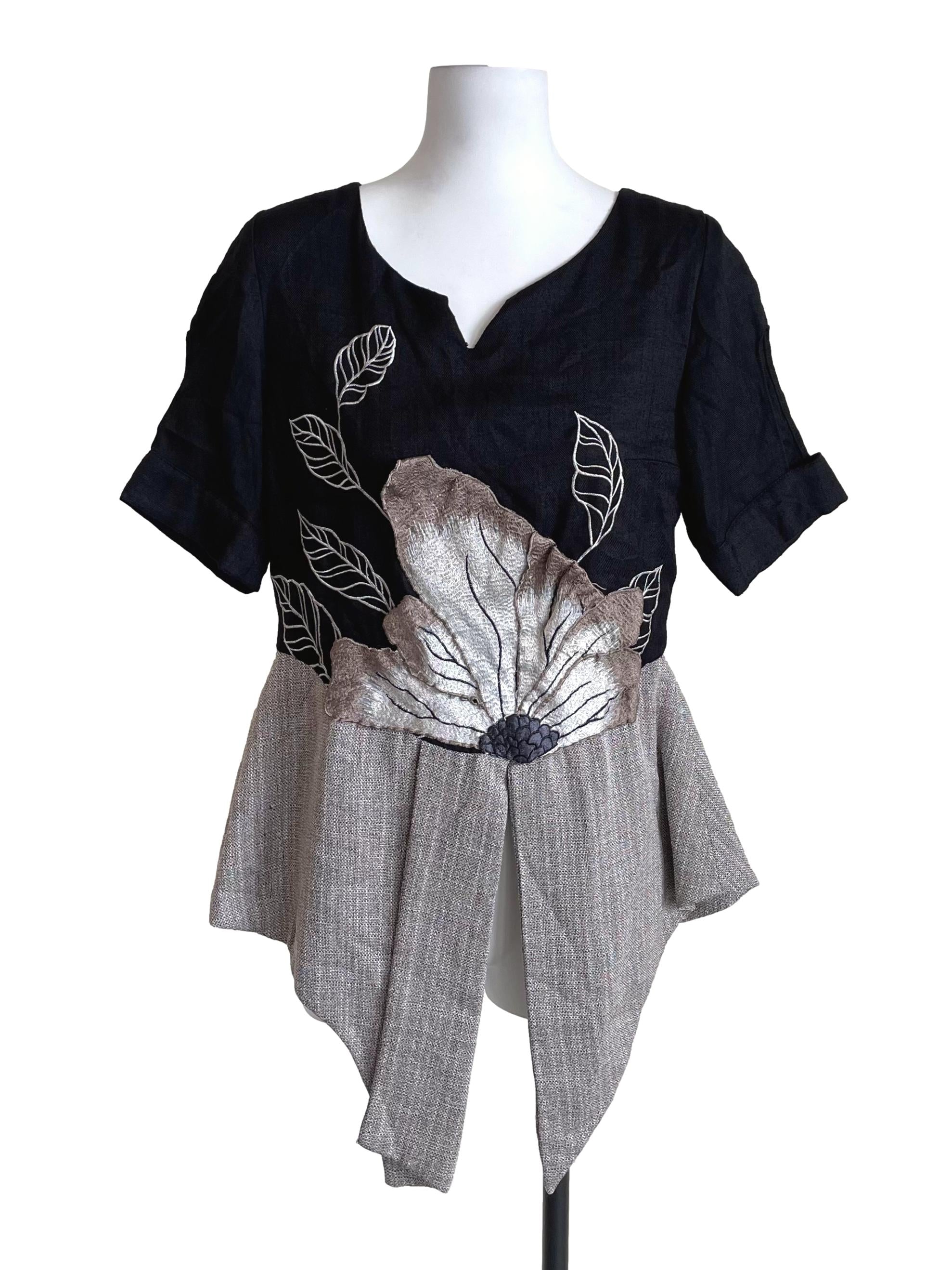 Black & Hazel Wood Floral Stitch Peplum Top