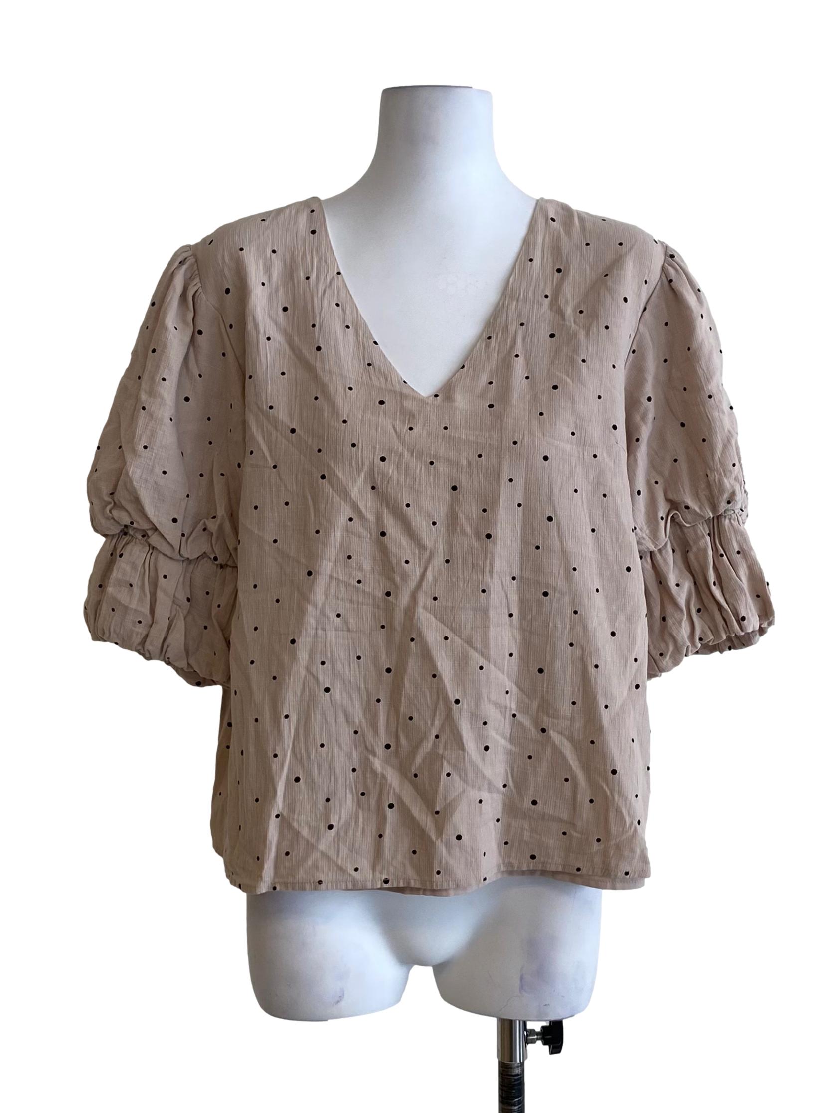 Linen Beige Polkadot Balloon Shoulder Blouse
