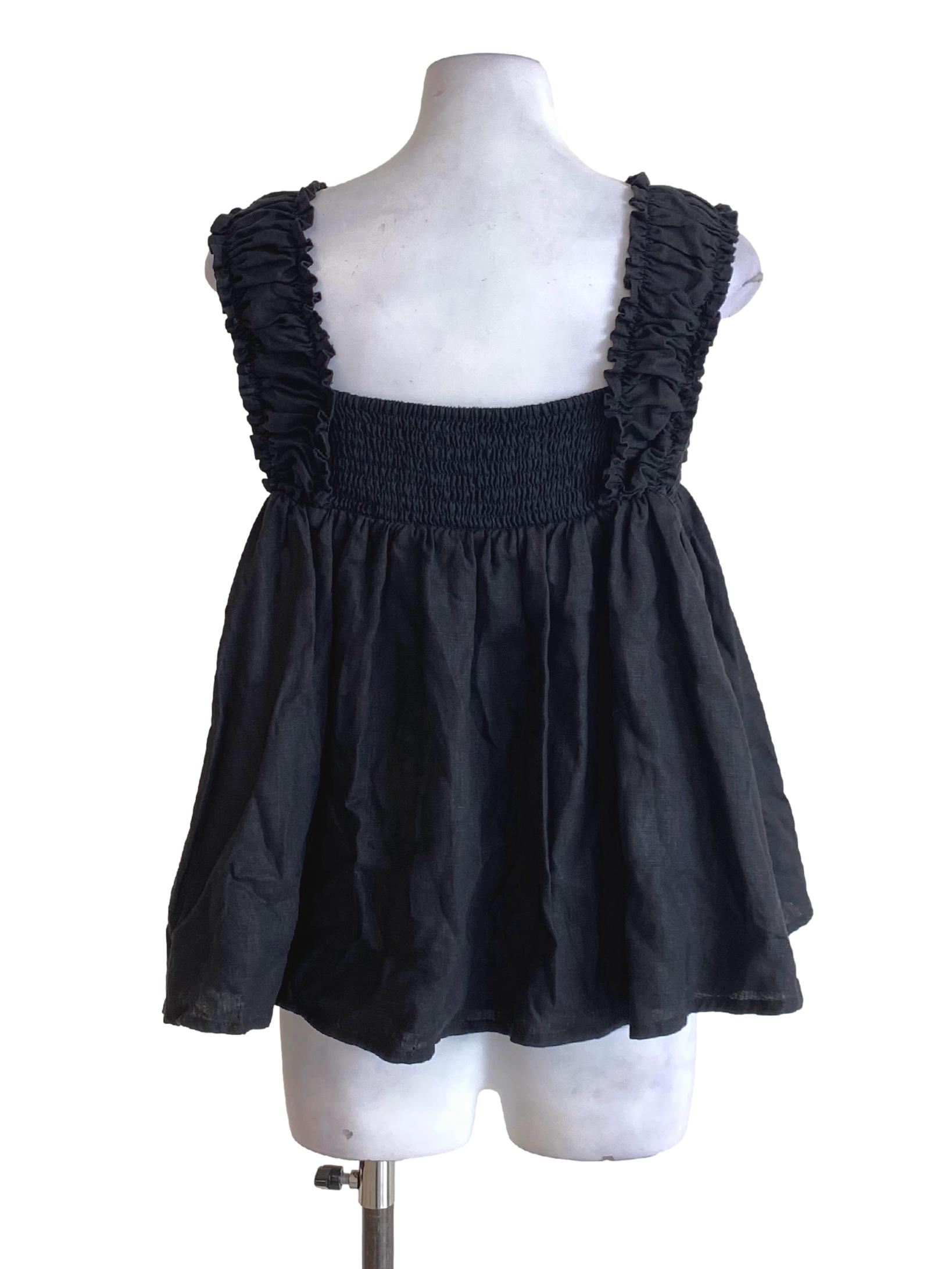 Jet Black Slight Pleated Square Neck Ruffle A-Line Top